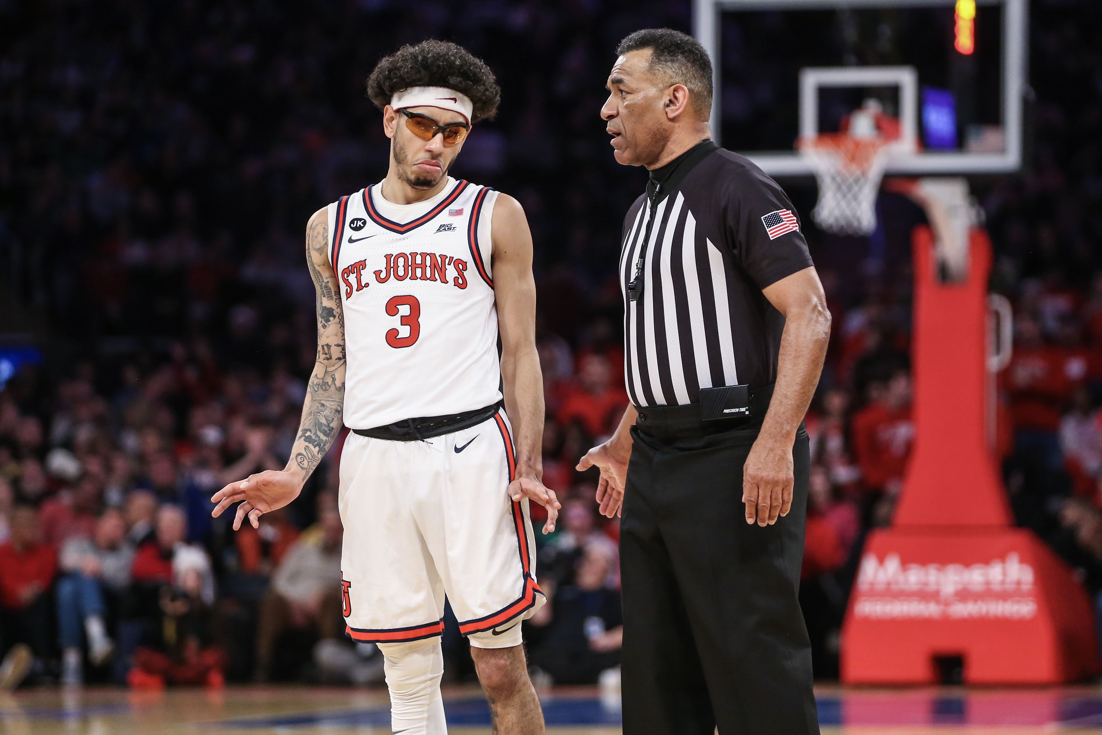 St. John&#039;s Red Storm guard Andre Curbelo (#3) talks with an official in the first half of their game against the UConn Huskies at Madison Square Garden. Photo: Imagn