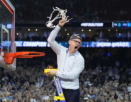 UConn Huskies head coach Dan Hurley cuts down the net after defeating the San Diego State Aztecs in the national championship game of the 2023 NCAA Tournament at NRG Stadium (Credits: IMAGN)