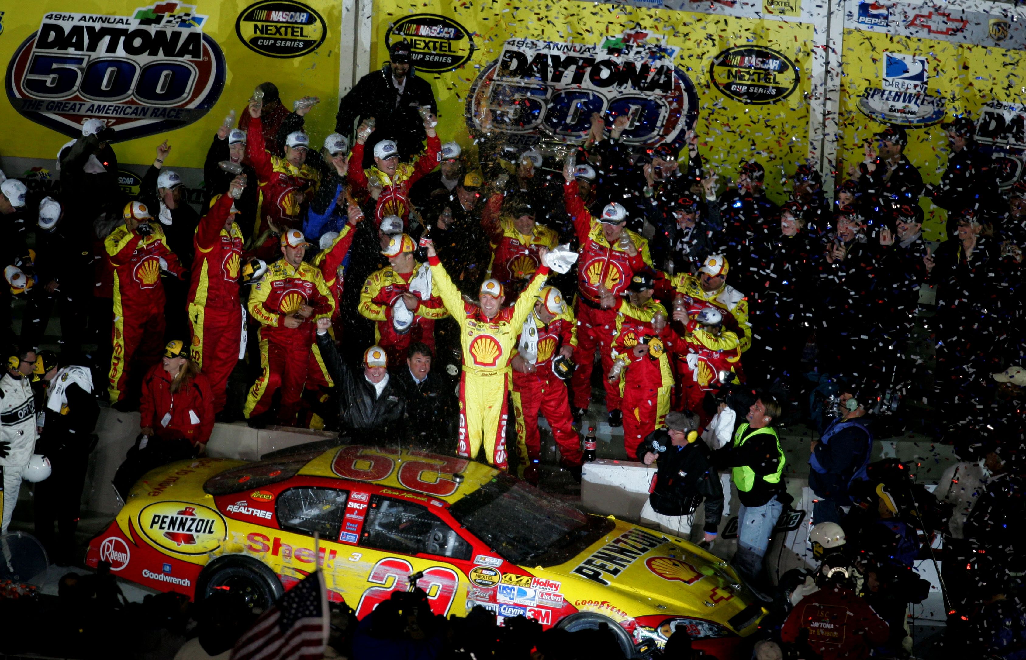 Nascar Nextel Cup Series driver Kevin Harvick (29) celebrates after winning the Daytona 500 at Daytona International Speedway - Source: Imagn