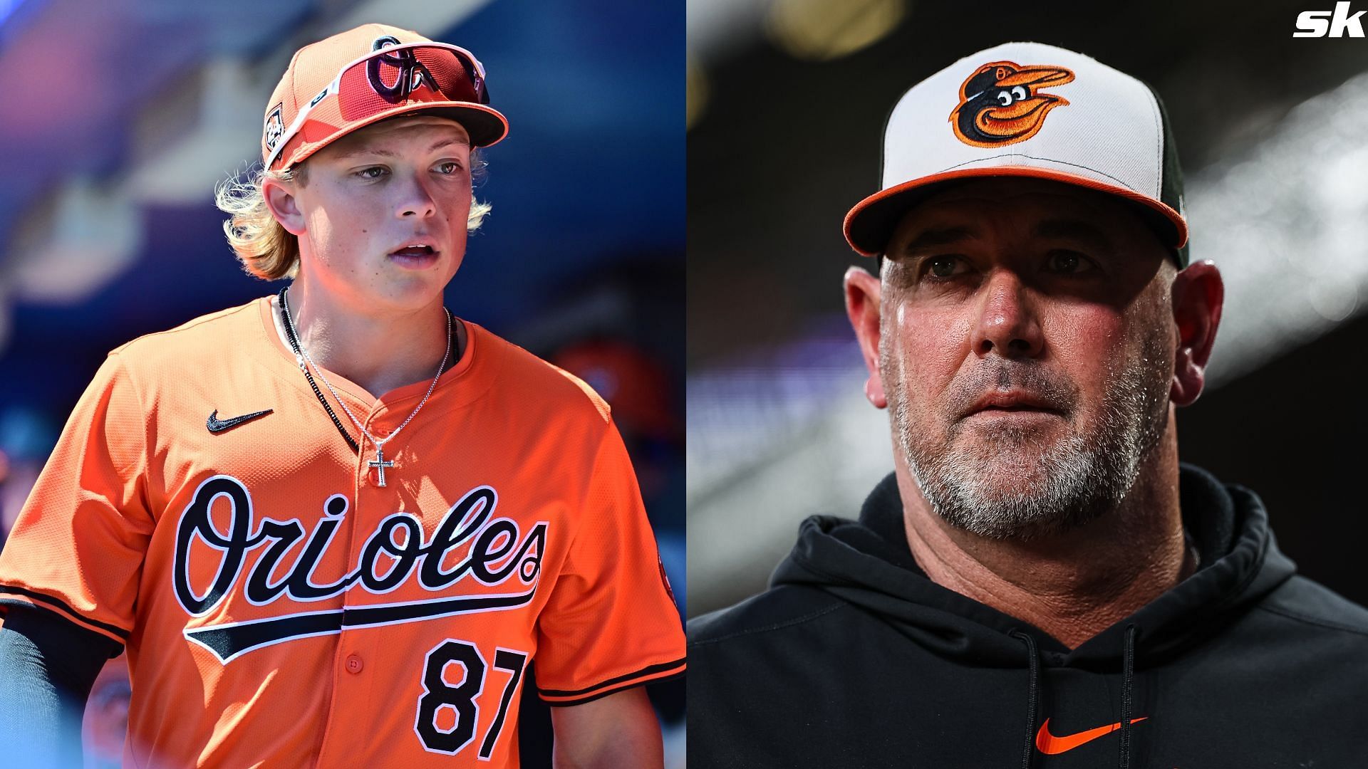 Jackson Holliday of the Baltimore Orioles looks on from the dugout during a 2024 Grapefruit League Spring Training game against the Toronto Blue Jays at TD Ballpark (Source:Getty)