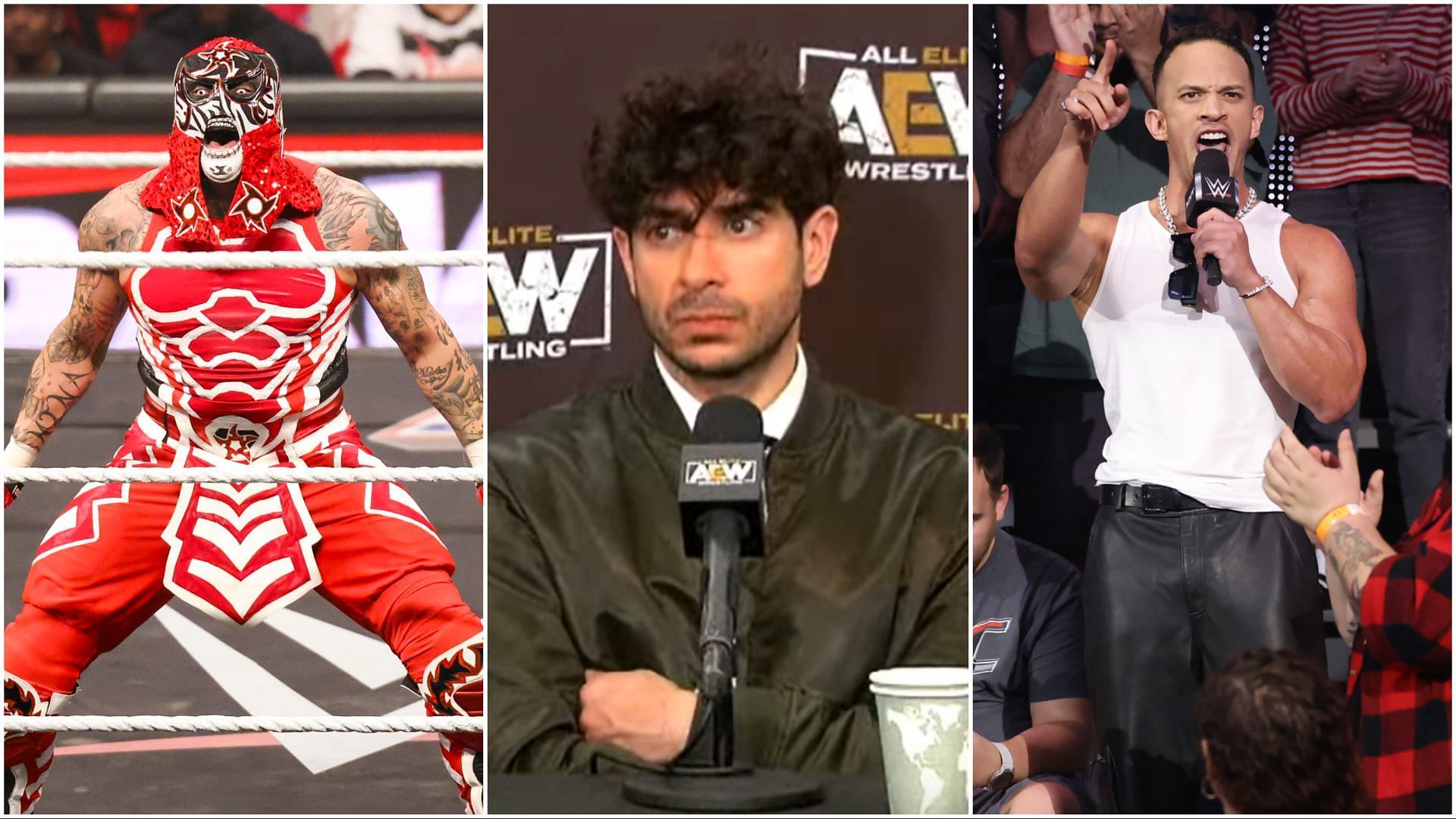 Penta and Ricky Saints in WWE, AEW President Tony Khan at a media scrum