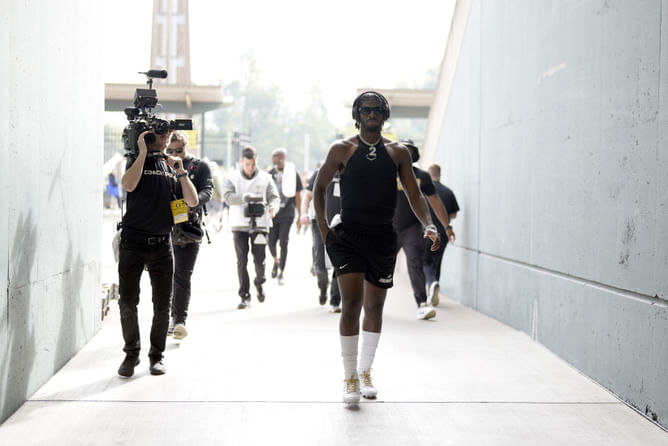 WATCH: Coach Prime's son Shedeur Sanders arrives at Super Bowl flag football game in style