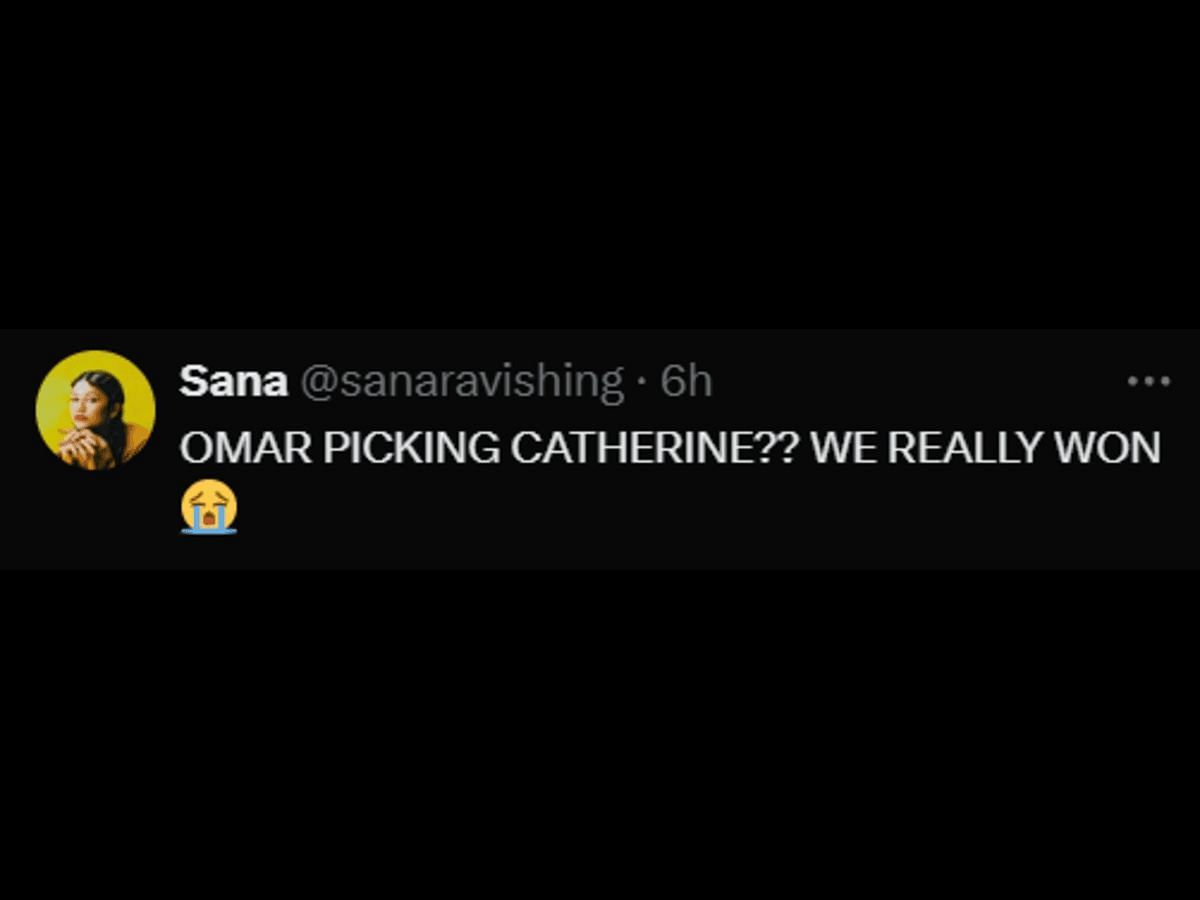 A Love Island: All Stars fan reacts to Omar choosing Catherine (Image via X/@sanaravishing)