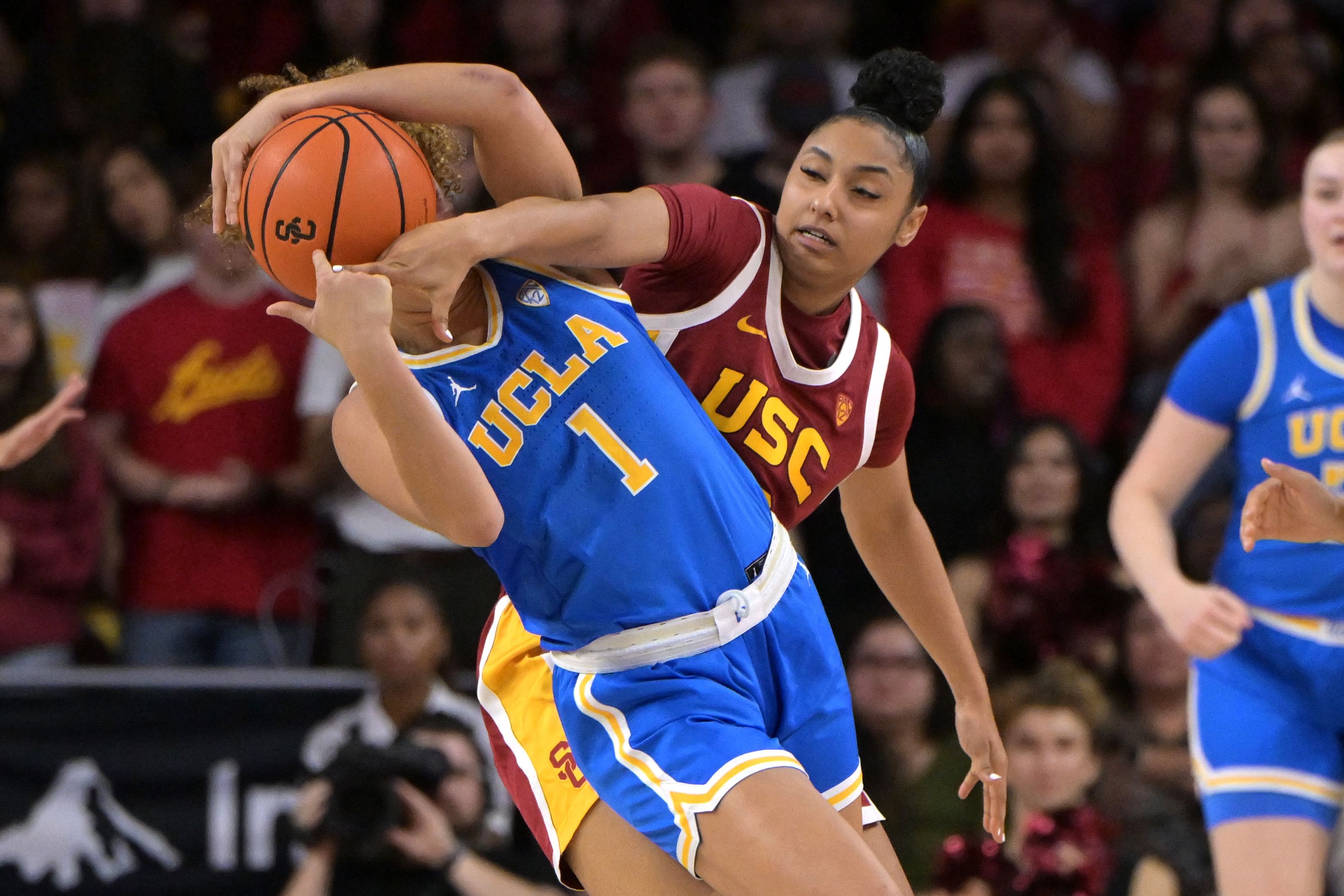 NCAA Womens Basketball: USC&#039;s JuJu Watkins (R) tussles with UCLA&#039;s Kiki Rice- Source: Imagn