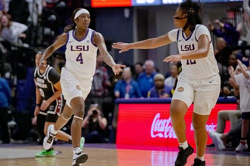 LSU Tigers guards Flau'jae Johnson (#4) and Mikaylah Williams (#12) celebrate a score against the South Carolina Gamecocks during the first half at Pete Maravich Assembly Center. Photo: Imagn