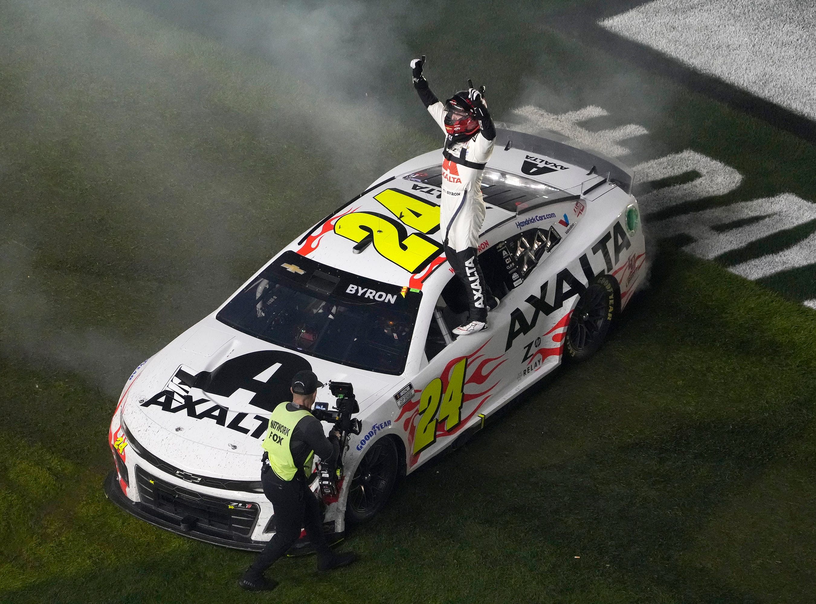 William Byron celebrates after winning the Daytona 500 at Daytona International Speedway, Monday, Feb. 19, 2024. - Source: Imagn