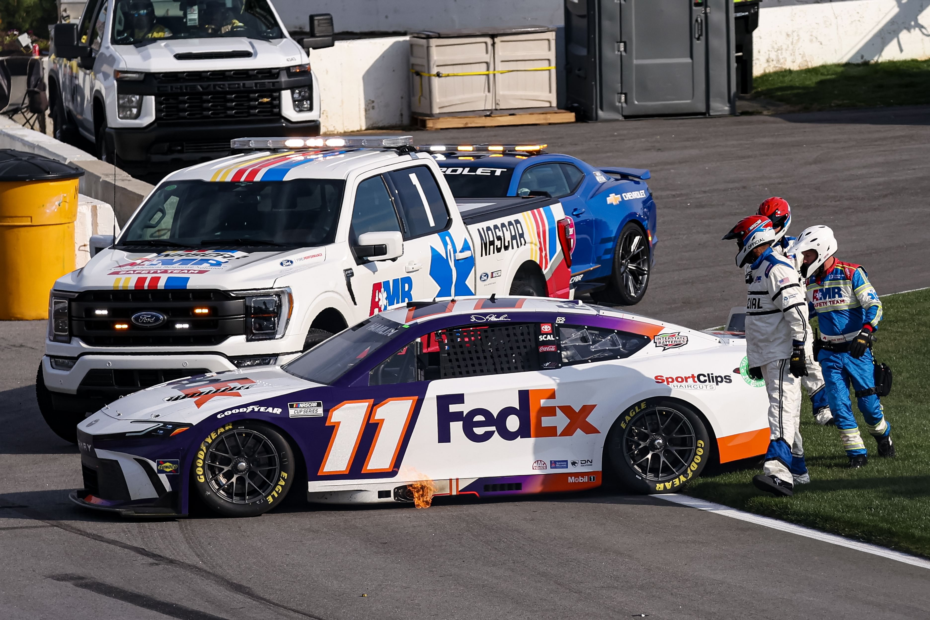 Denny Hamlin&#039;s car (11) comes to a stop at the end of pit road after a spin during the Ambetter Health 400 at Atlanta Motor Speedway - Source: Imagn