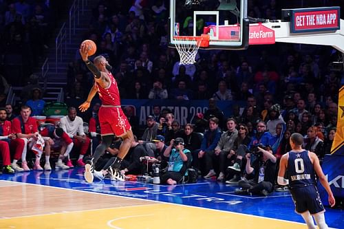 LeBron James (23) dunks the ball for the Western Conference team in the 2024 NBA All-Star game. (Credits: IMAGN)