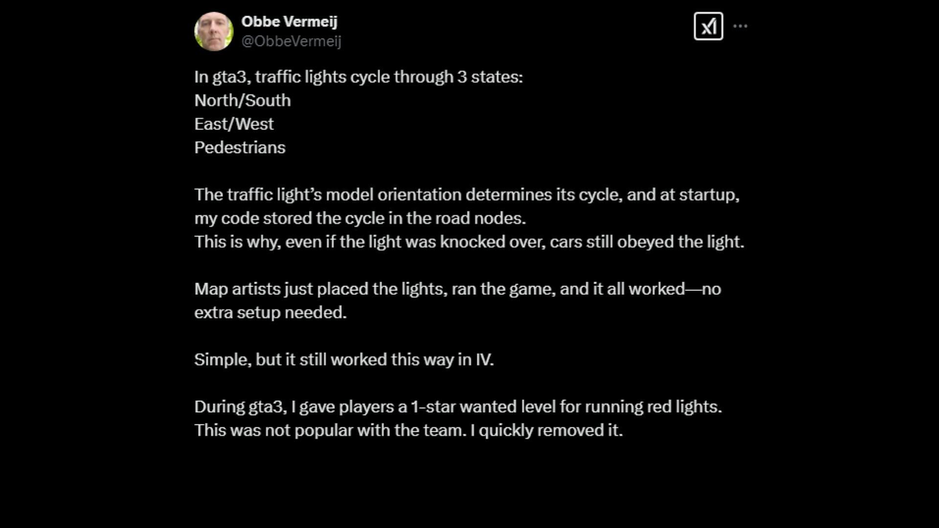 Obbe Vermeij&#039;s tweet about traffic lights in Grand Theft Auto 3 (Image via X/@ObbeVermeij)