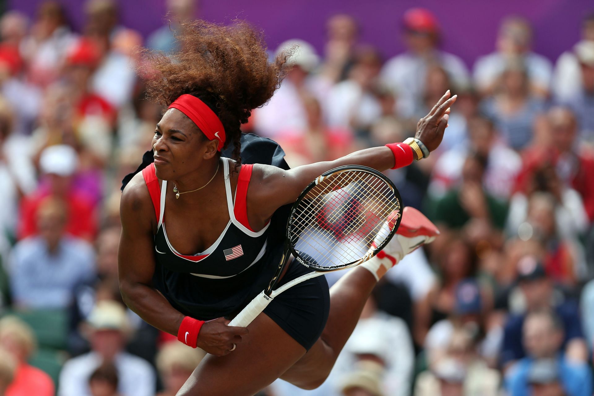 Serena Williams in action during the women&#039;s singles gold medal match against Maria Sharapova at the 2012 London Olympics (Source: Getty)