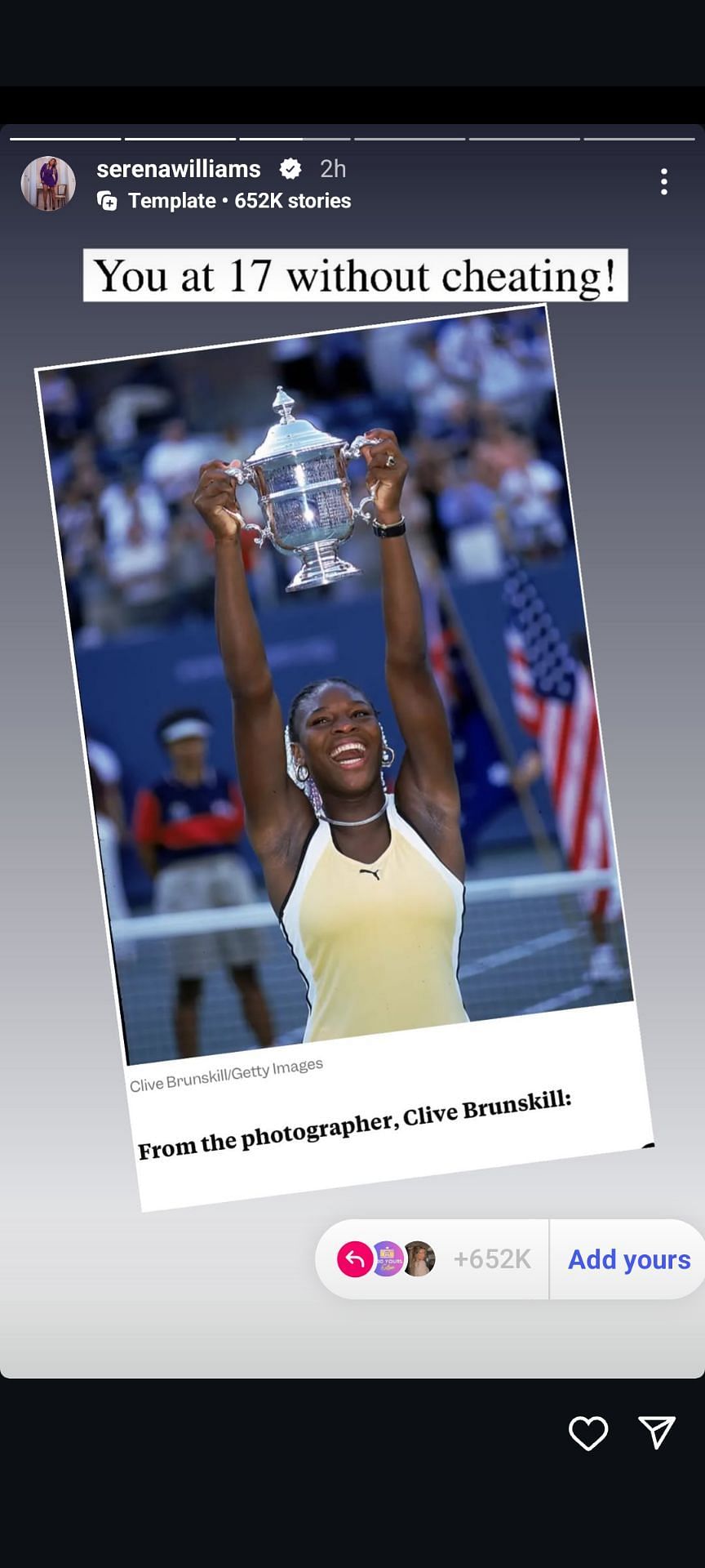 Williams&#039; Instagram Story dated Sunday, February 23, 2025, featuring herself lifting the 1999 US Open women&#039;s singles trophy (Source: Instagram/Serena Williams)