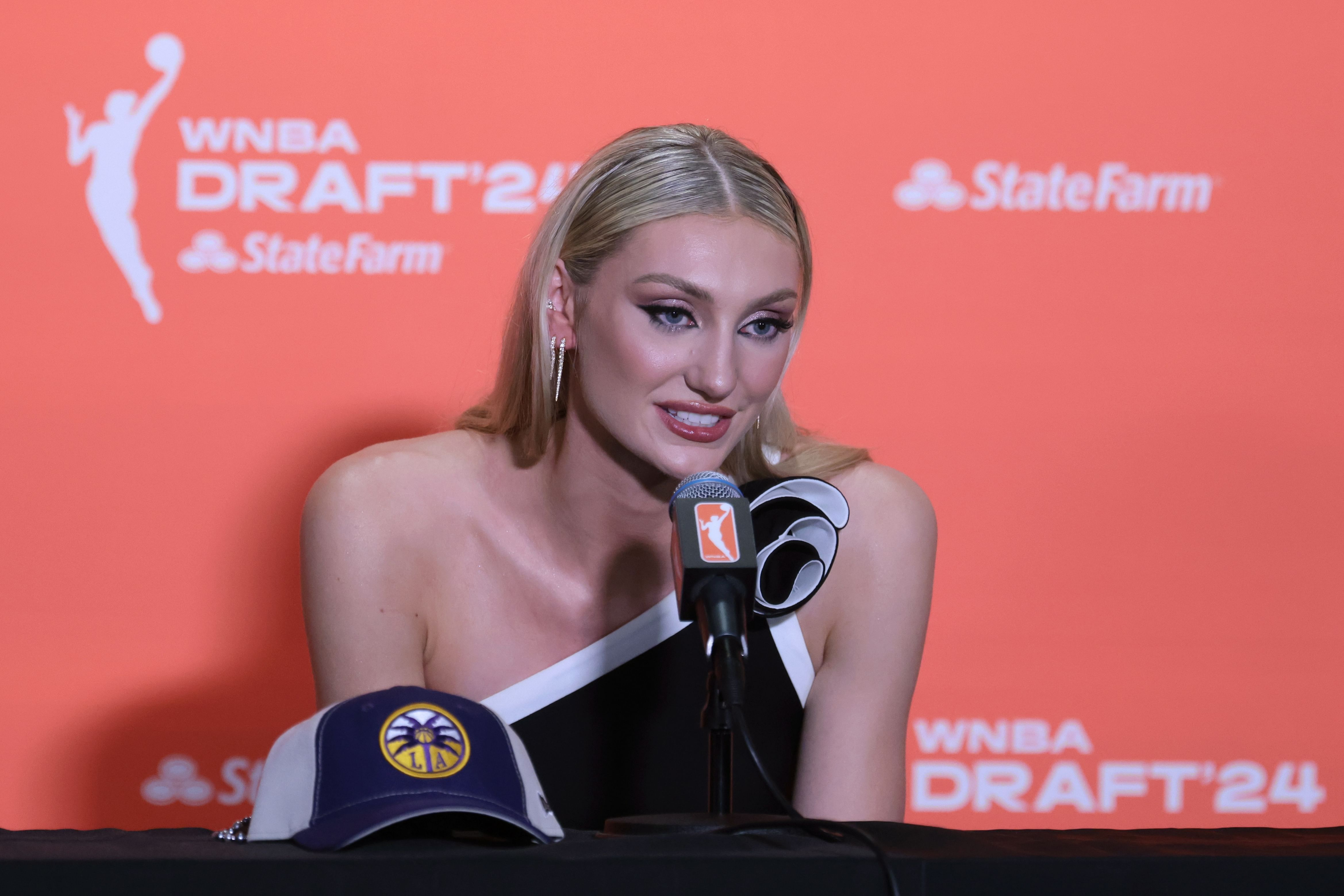 Cameron Brink speaks in a press conference after she is selected with the number two overall pick to the Los Angeles Sparks. Photo Credit: Imagn