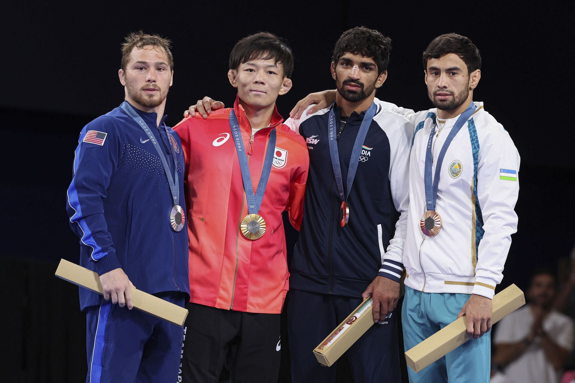 Spencer Lee and other Olympic medalists at Paris Olympics. Source: Getty