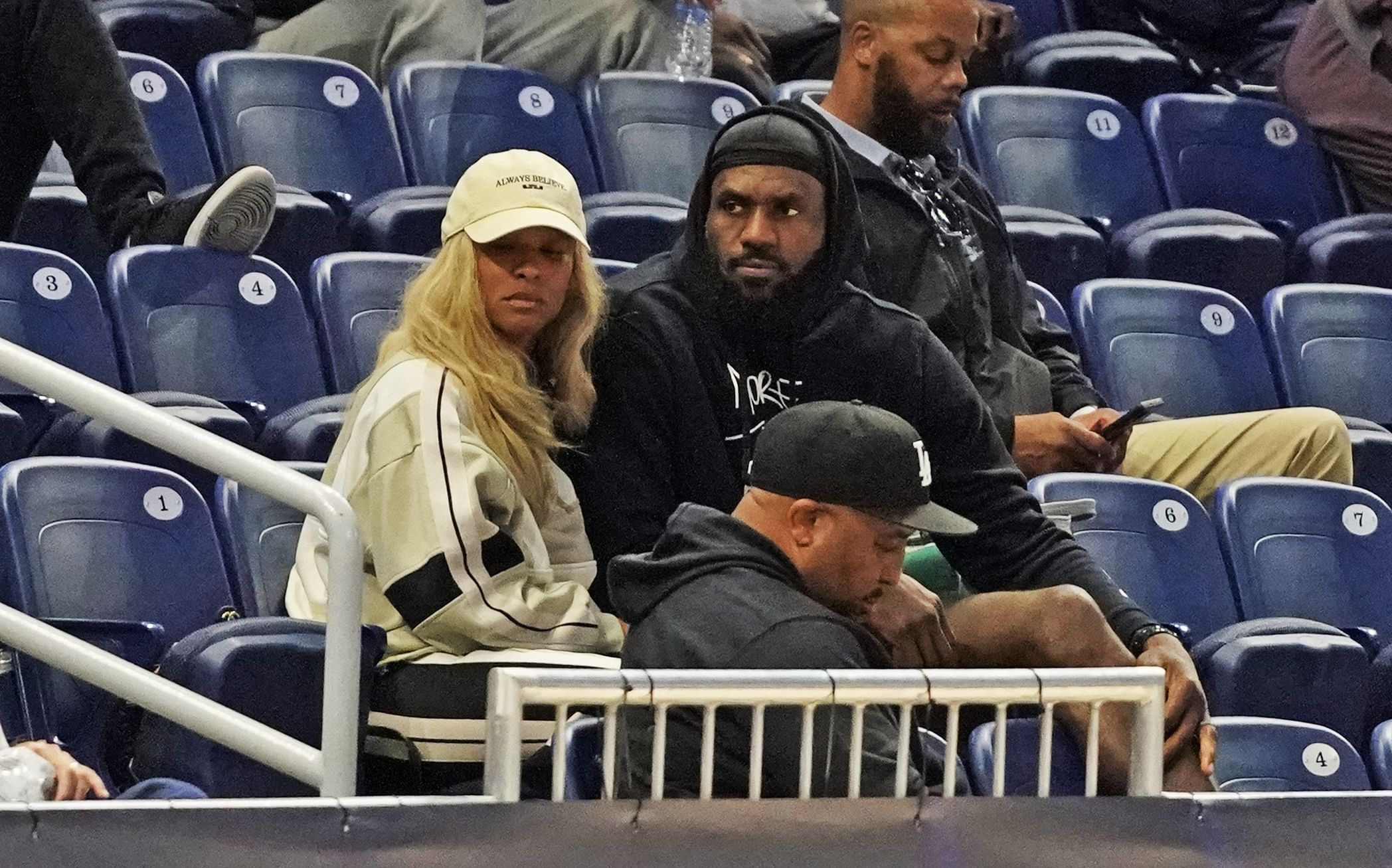 May 15, 2024; Chicago, IL, USA; LeBron James and his wife Savannah Brinson watch Bronny James participate in the 2024 NBA Draft Combine at Wintrust Arena. Mandatory Credit: David Banks-Imagn Images - Source: Imagn