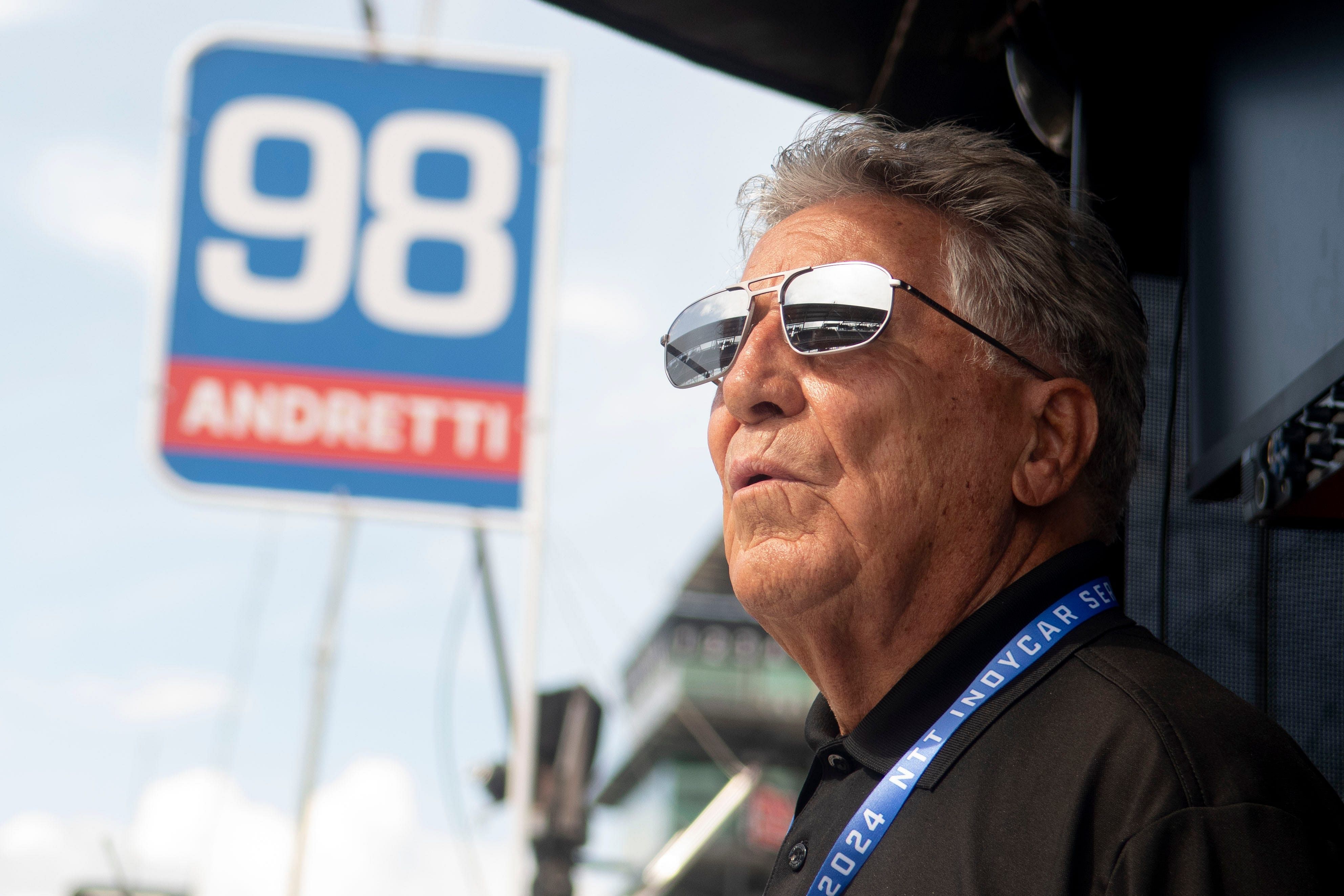 Mario Andretti looks out on the track Friday, May 17, 2024, during Fast Friday ahead of the 108th running of the Indianapolis 500 at Indianapolis Motor Speedway. - Source: Imagn