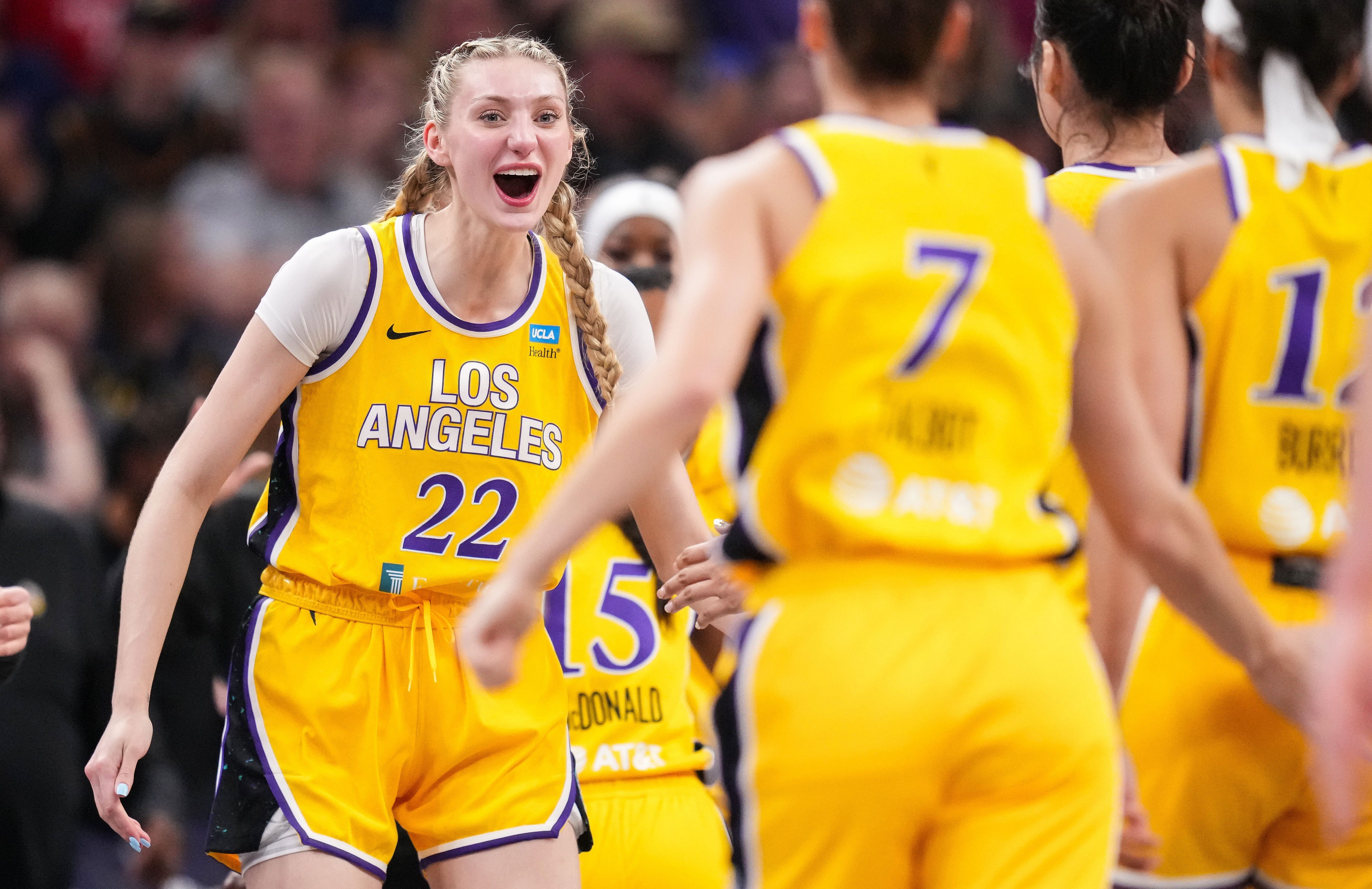 Los Angeles Sparks forward Cameron Brink yells in excitement during a game at Gainbridge Fieldhouse in Indianapolis. Photo Credits: Imagn