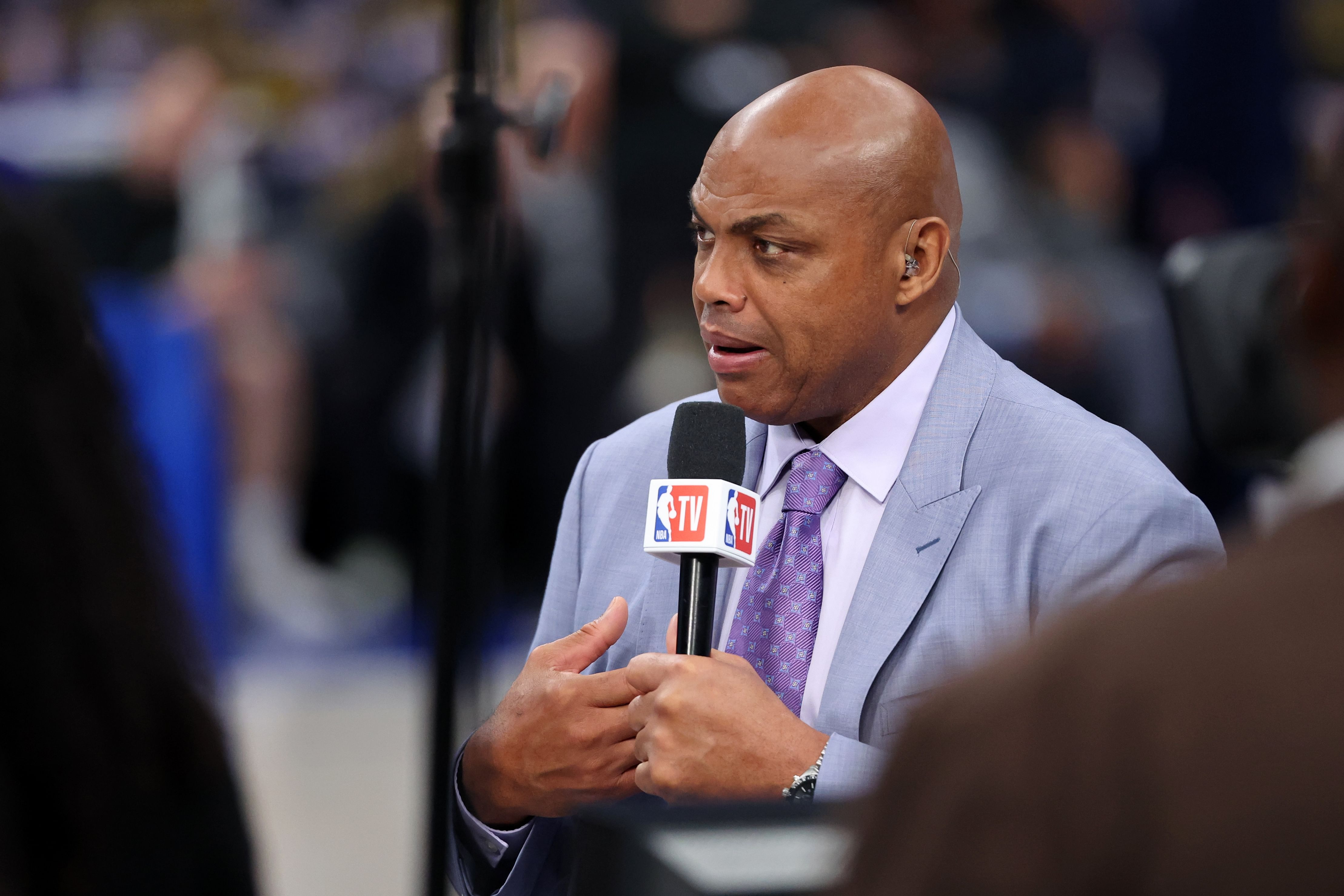 TV analyst Charles Barkley talks on set before game three of the 2024 NBA Finals between the Boston Celtics and the Dallas Mavericks at American Airlines Center. Photo Credit: Imagn