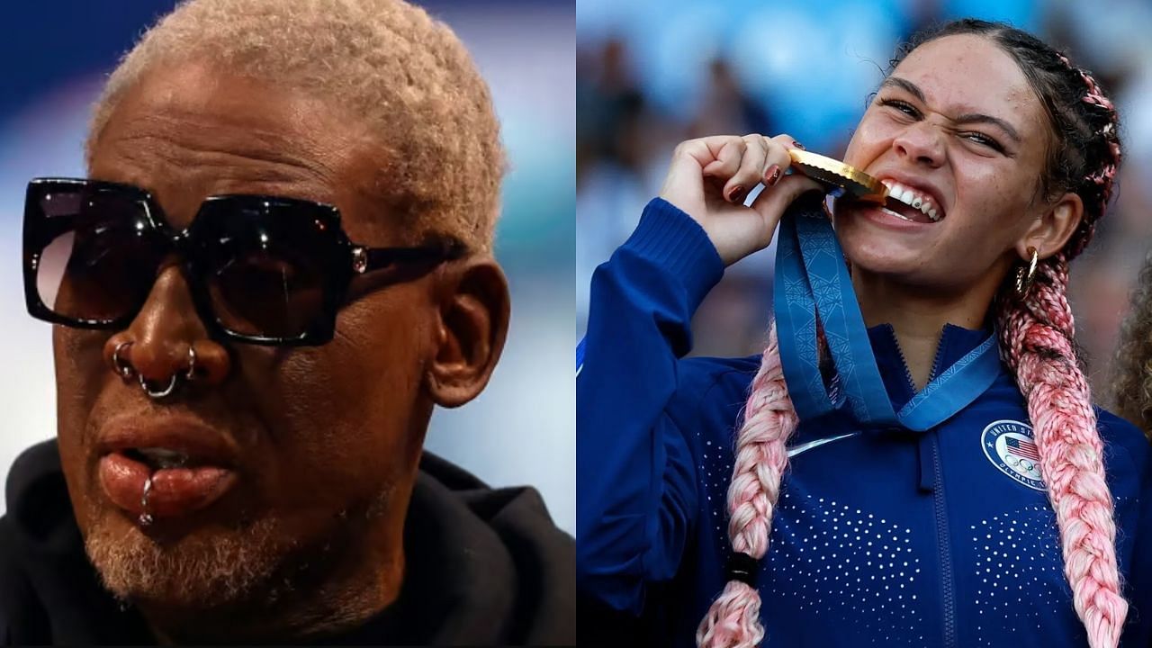 Dennis Rodman (left) during the 2022 NBA All-Star Game and Trinity Rodman (right) with her gold medal at the 2024 Paris Olympics - Source: Getty Images/Washington Spirit 