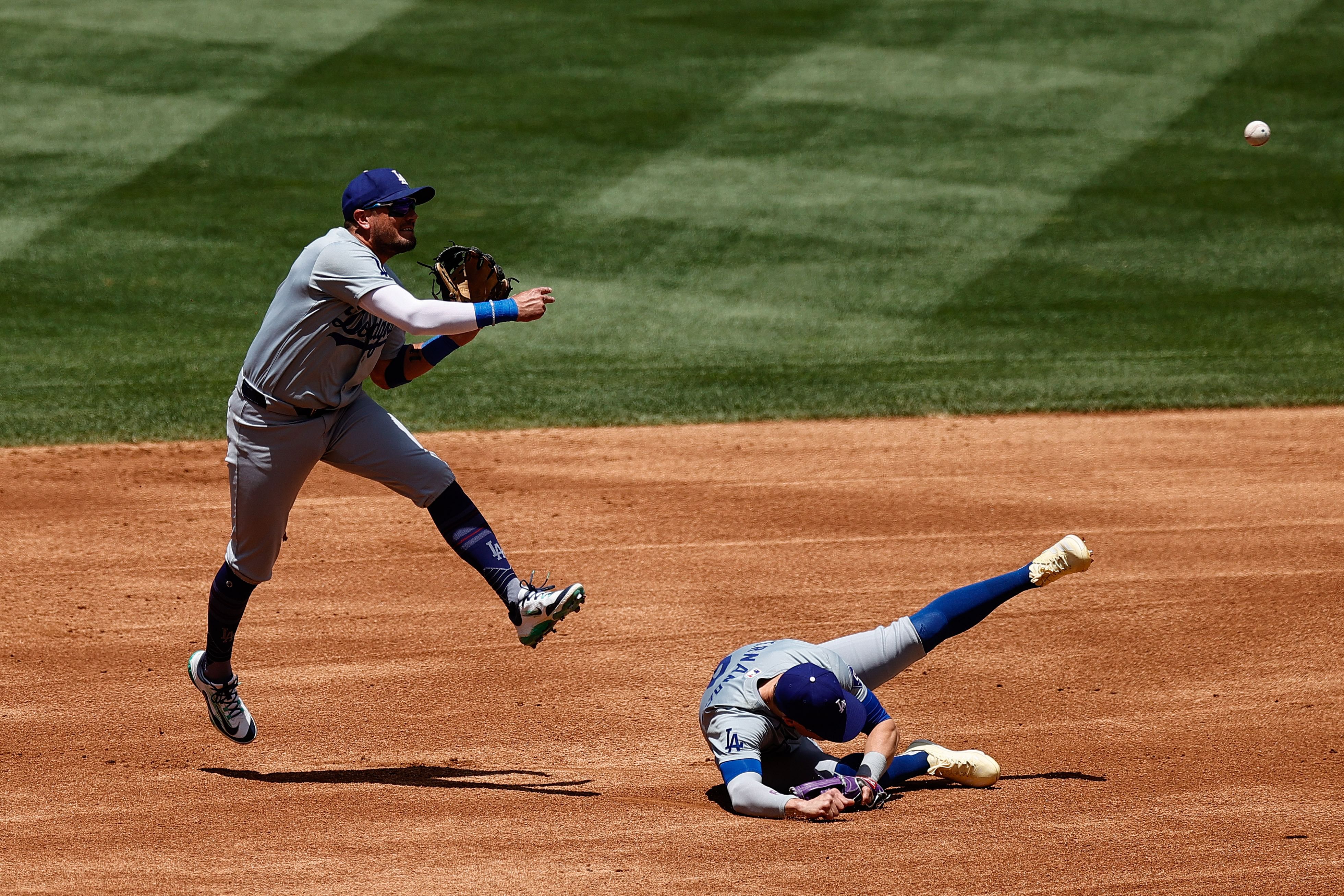 Miguel Rojas and Kike Hernandez fielding a ground ball for the Dodgers (Image Source: IMAGN)