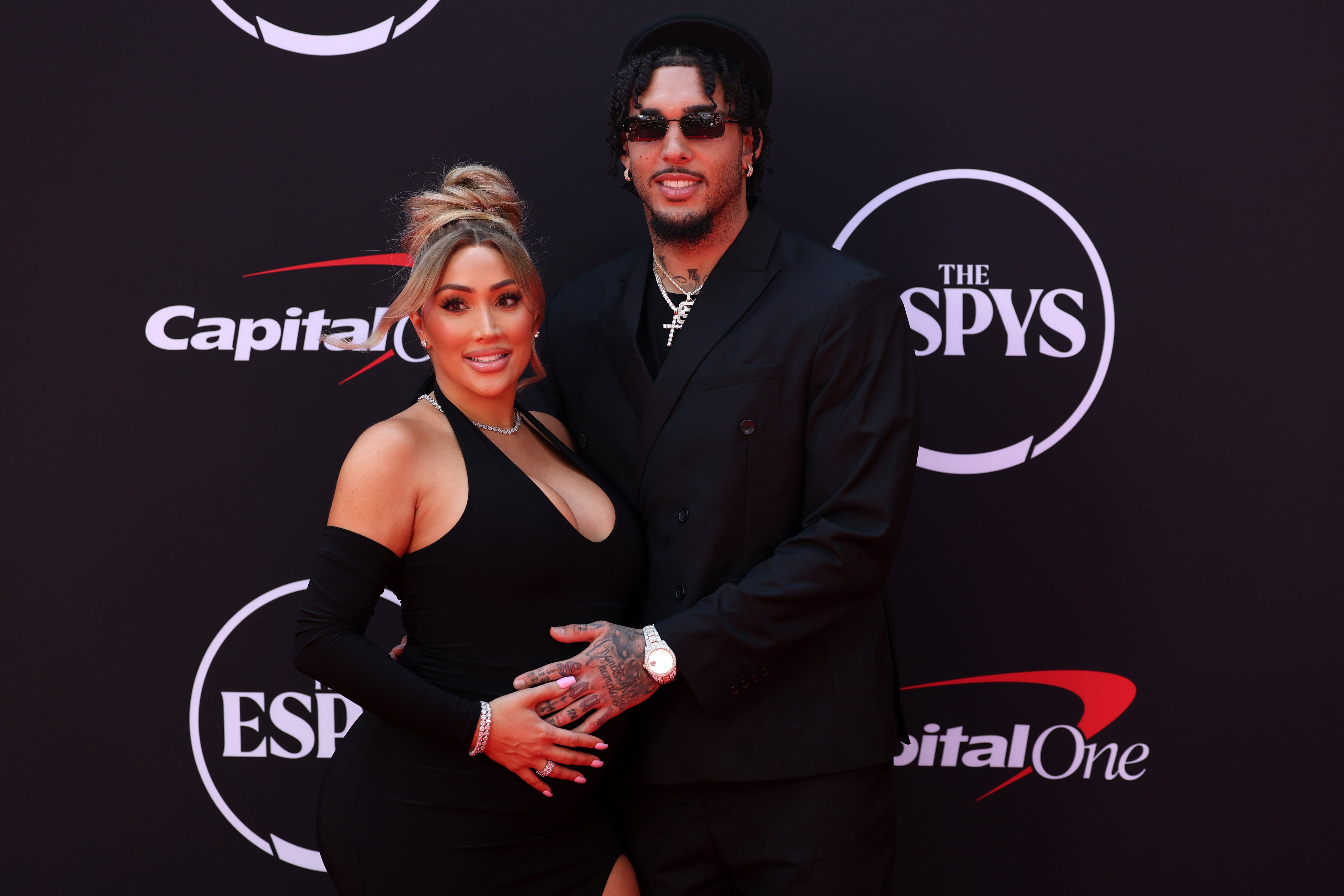 Nikki Mudarris and LiAngelo Ball arrive on the red carpet before the 2024 ESPYS at Dolby Theatre. Photo Credit: Imagn