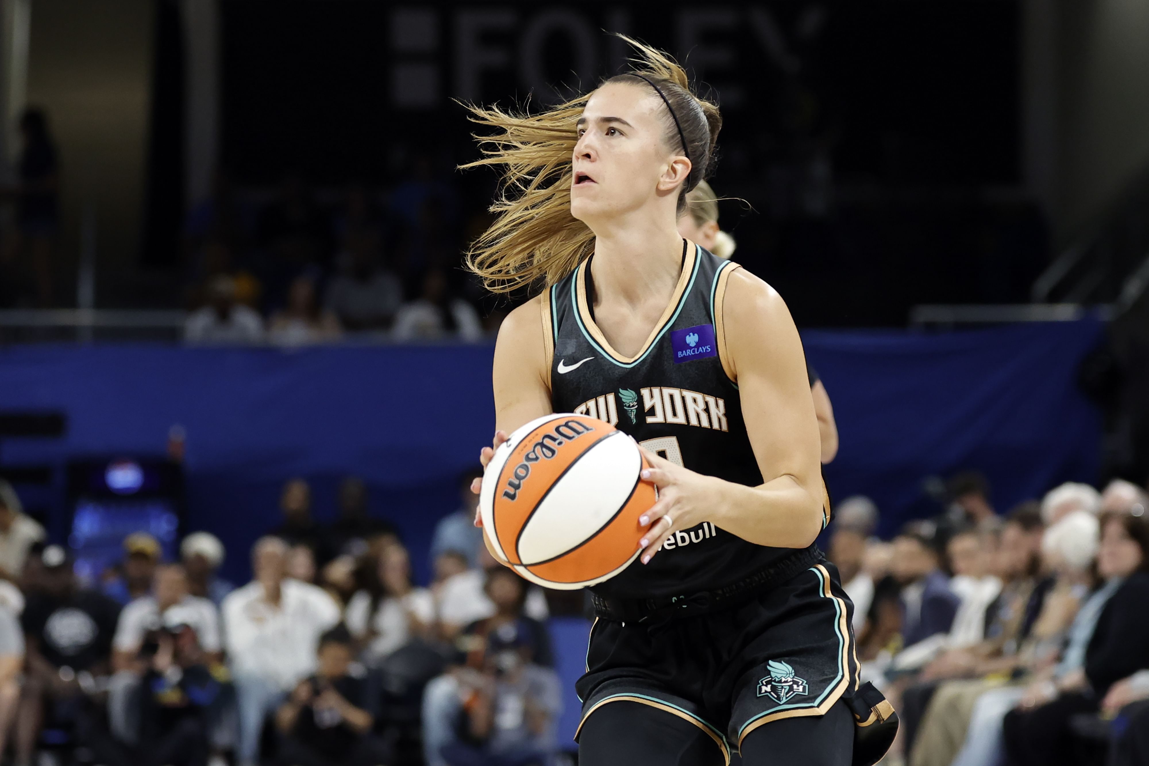 New York Liberty guard Sabrina Ionescu looks to shoot against the Chicago Sky at Wintrust Arena. Photo Credit: Imagn