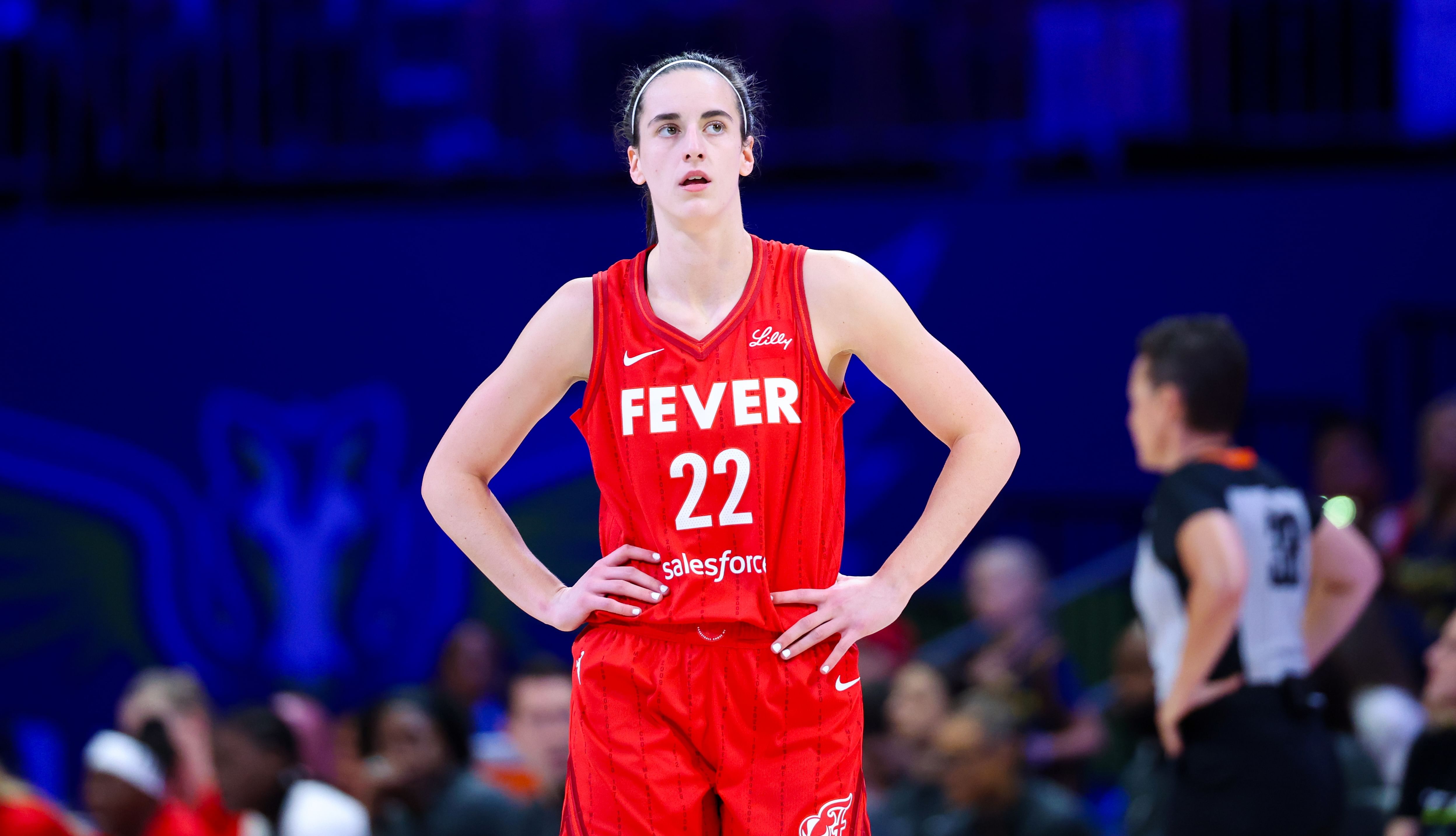 Indiana Fever guard Caitlin Clark reacts against the Dallas Wings at College Park Center. Photo Credit: Imagn