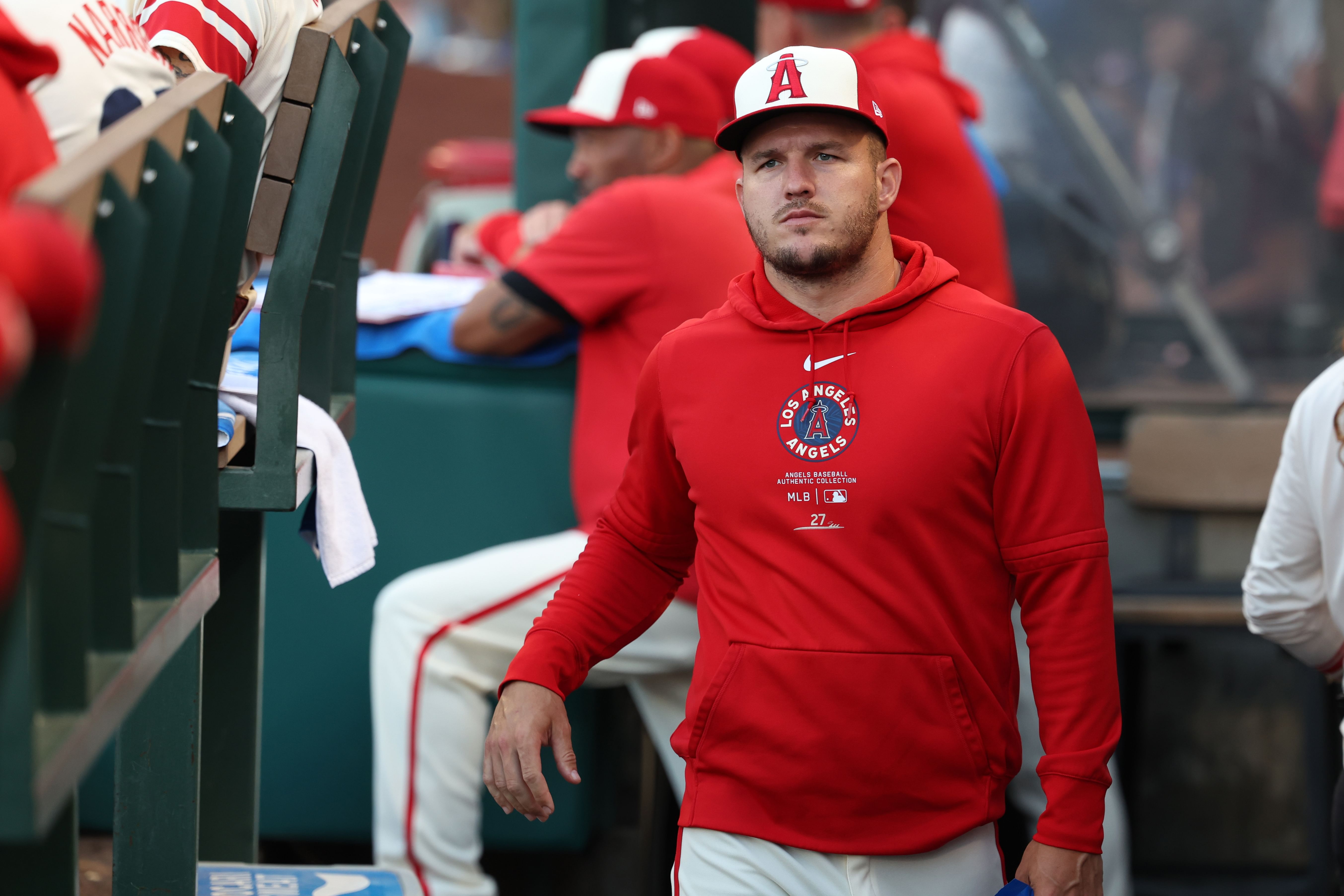 Los Angeles Angels outfielder Mike Trout in the dugout during the MLB game against the New York Mets at Angel Stadium. Mandatory Credit: Kiyoshi Mio-Imagn Images - Source: Imagn