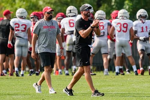 Brian Hartline and head coach Ryan Day - Source: Imagn