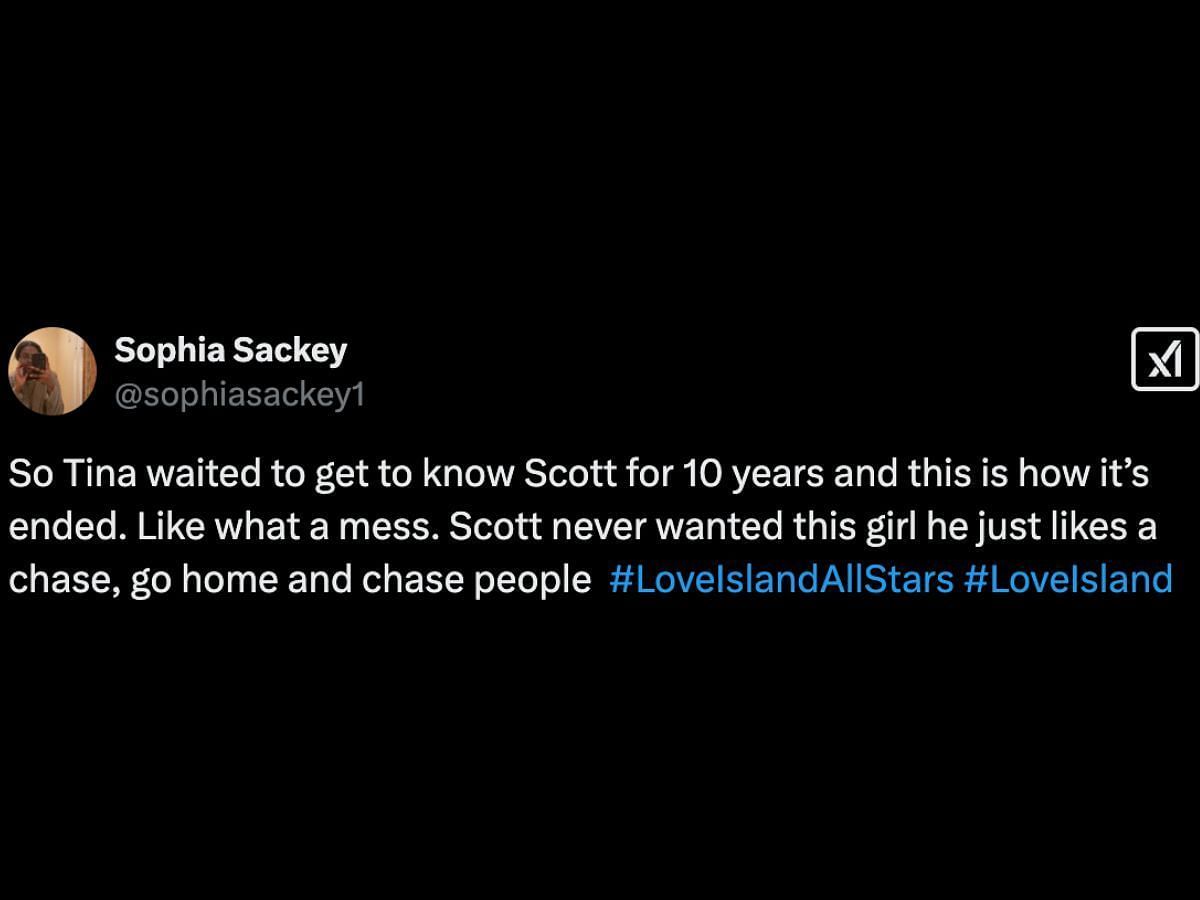 Love Island: All Stars fans react to Scott and Tina&#039;s breakup (Image via X/@sophiasackey1)