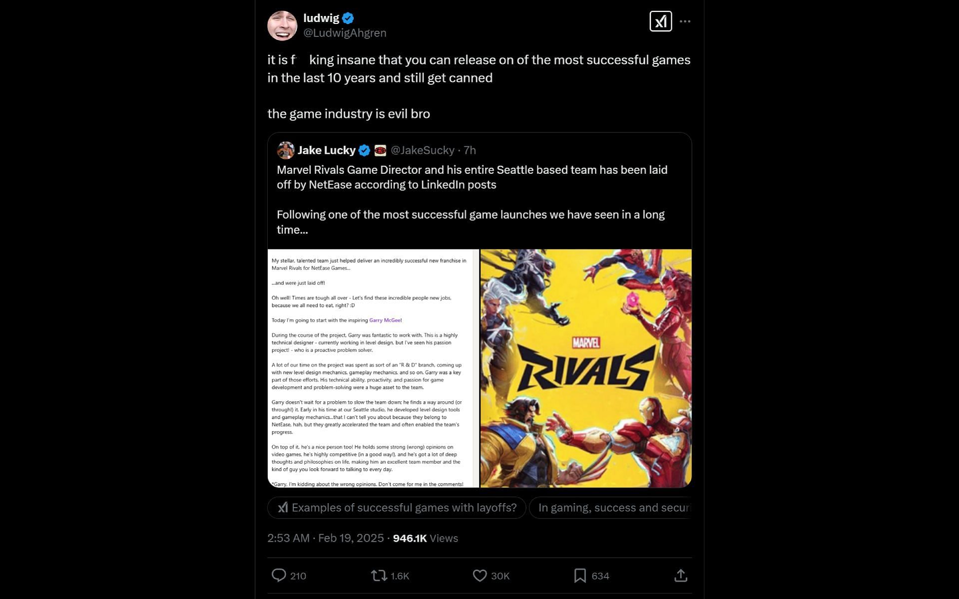 The streamer&#039;s X post in which he commented on the US-based Marvel Rivals team being laid off (Image via @LudwigAhgren/X)