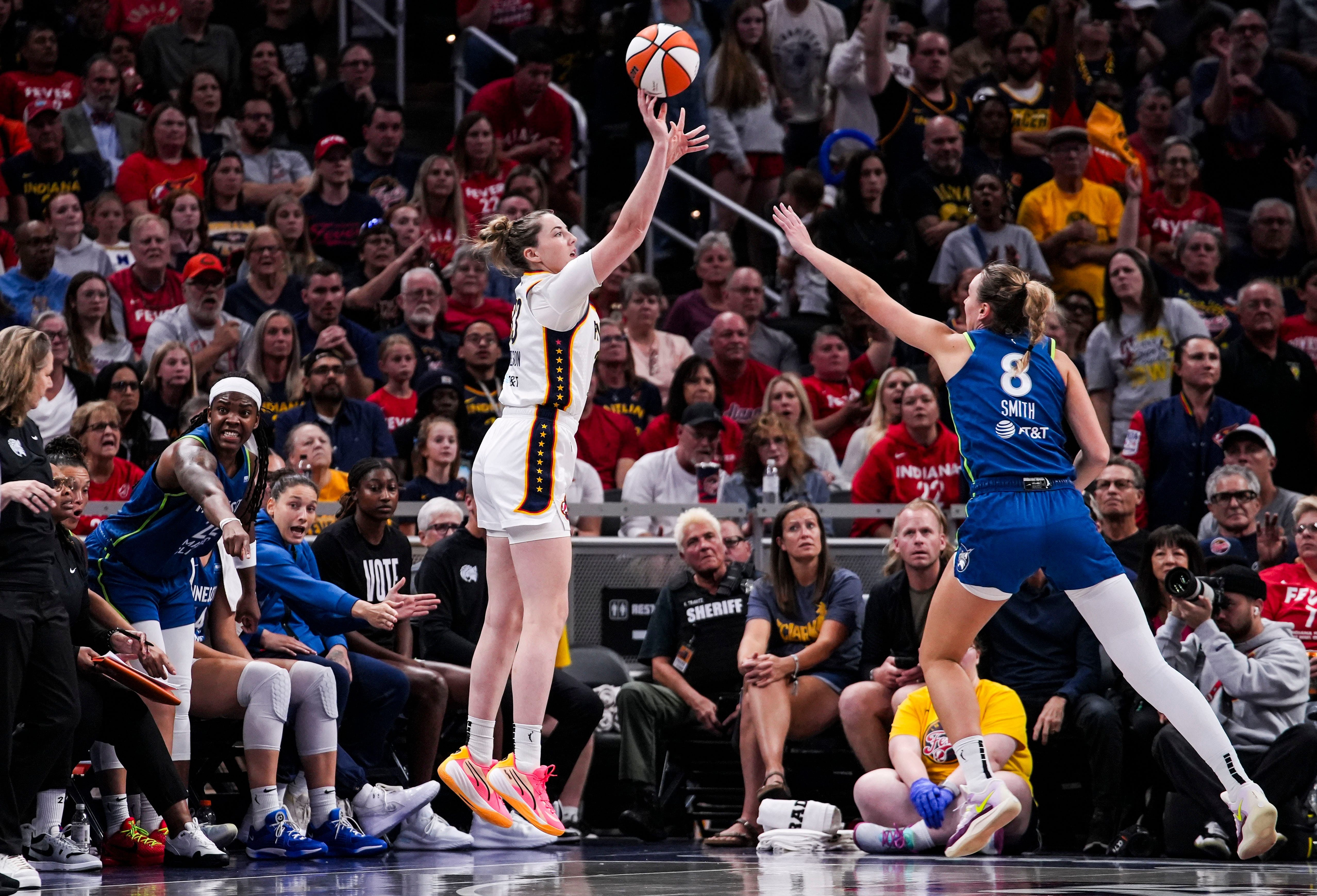 Indiana Fever forward Katie Lou Samuelson (33) shoots a 3-pointer Friday, Sept. 6, 2024, during a game between the Indiana Fever and the Minnesota Lynx at Gainbride Fieldhouse in Indianapolis. The Lynx defeated the Fever, 99-88. - Source: Imagn