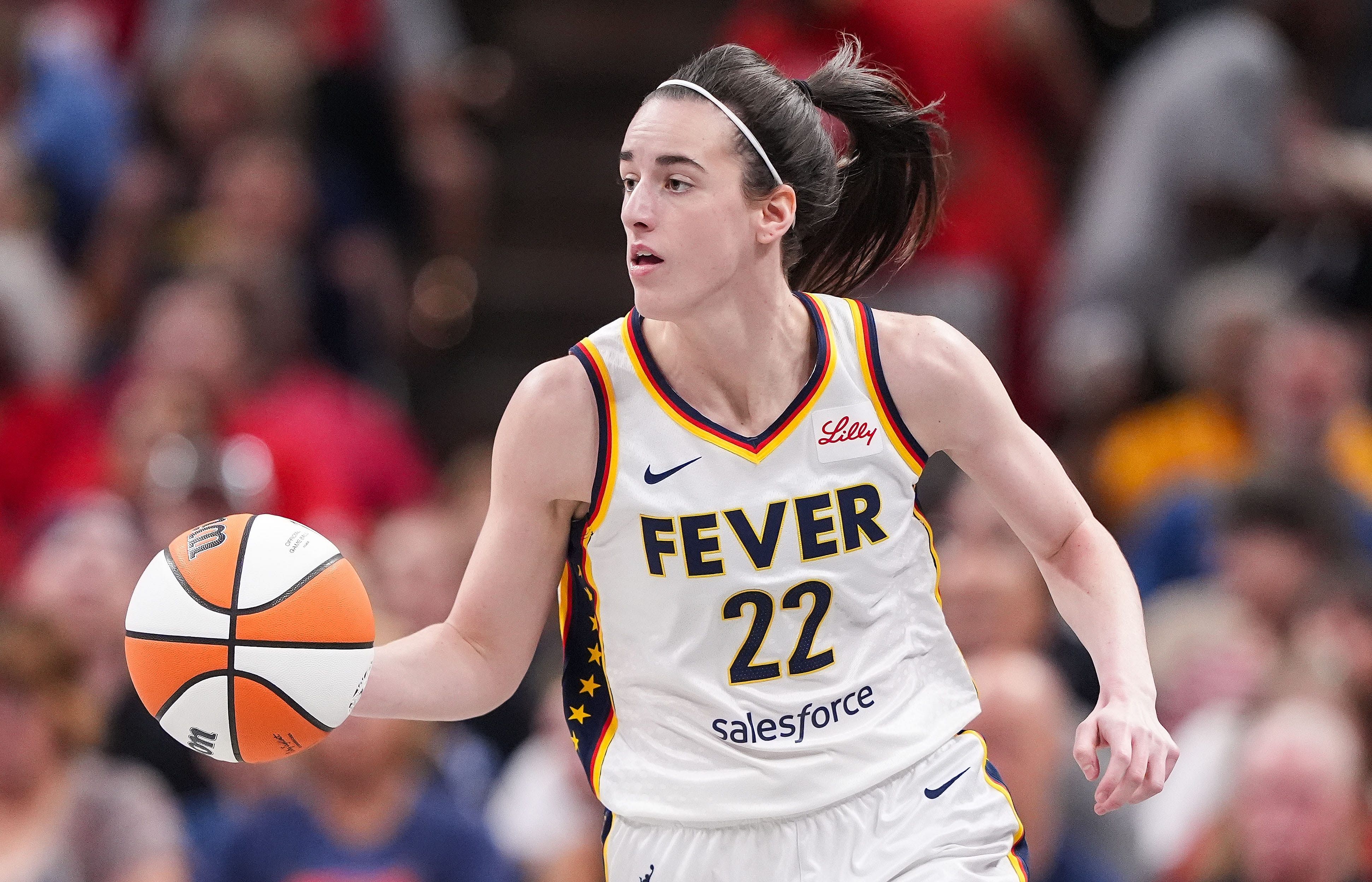 Indiana Fever guard Caitlin Clark rushes up the court during a game at Gainbridge Fieldhouse. Photo Credit: Imagn