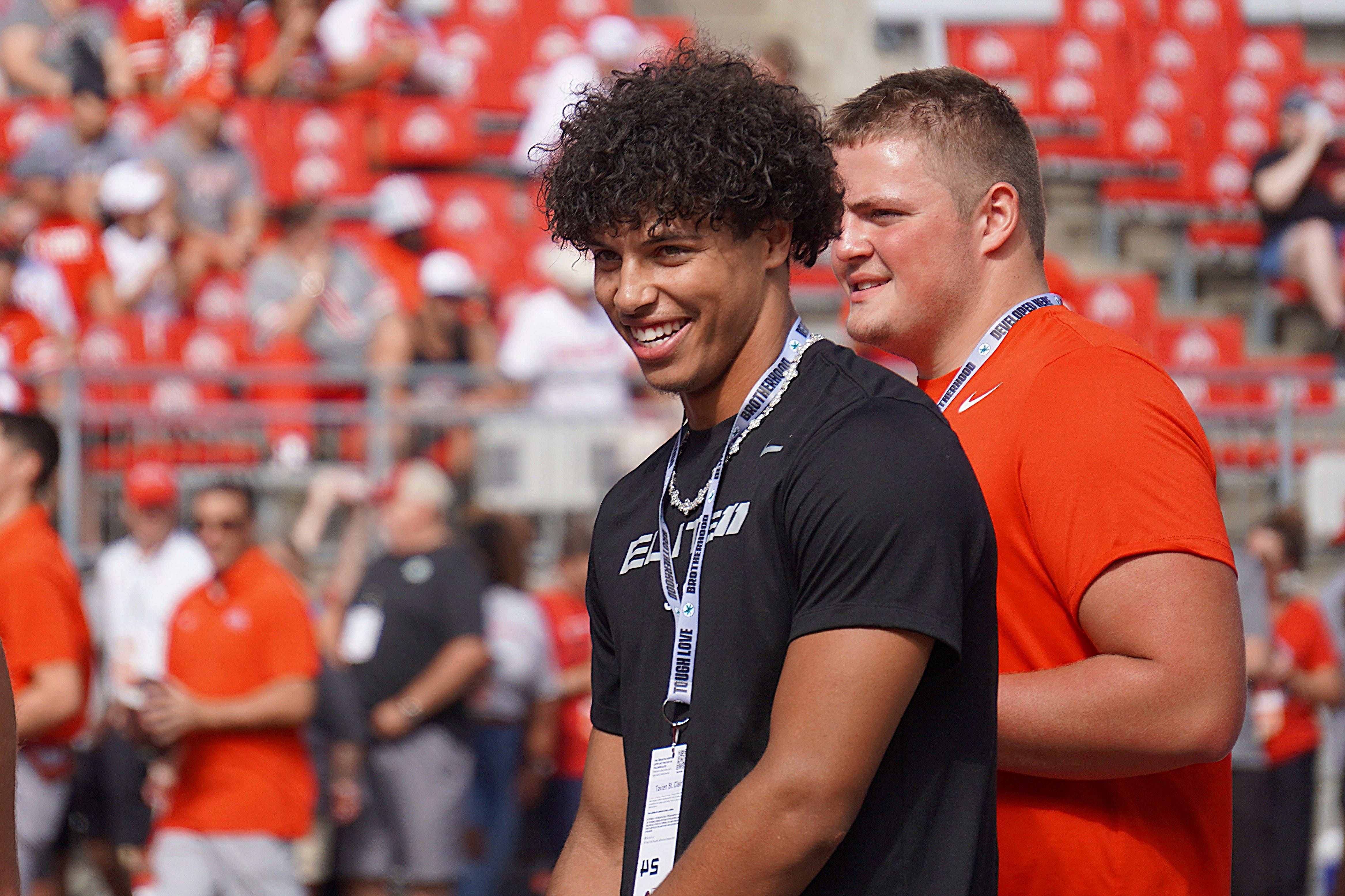 Sept. 21, 2024; Columbus, Ohio, USA; Bellefontaine quarterback Tavien St. Clair watches warm-ups before Ohio State