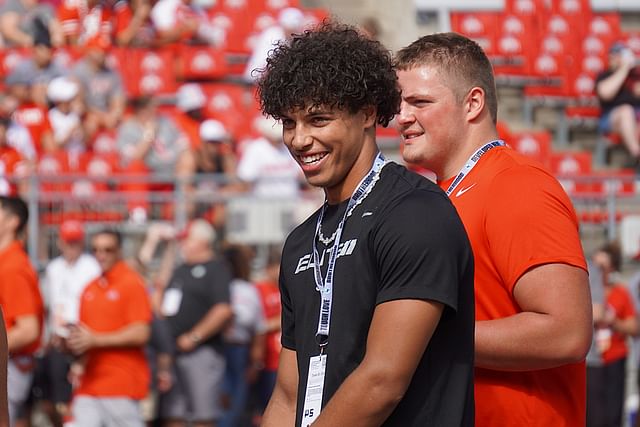 Sept. 21, 2024; Columbus, Ohio, USA; Bellefontaine quarterback Tavien St. Clair watches warm-ups before Ohio State