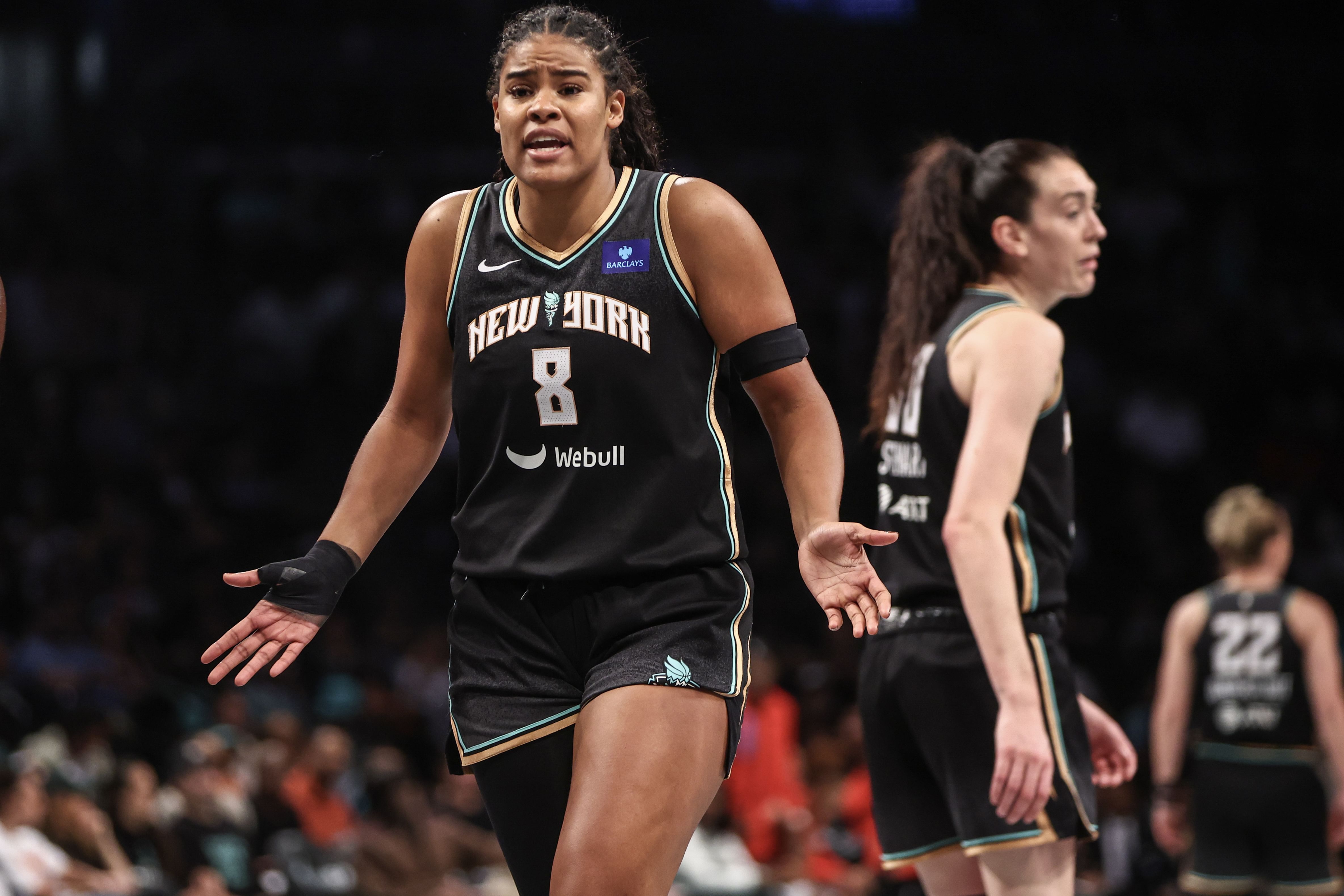 New York Liberty forward Nyara Sabally reacts after being called for a foul against the Atlanta Dream during the 2024 WNBA Playoffs at Barclays Center. Photo Credit: Imagn