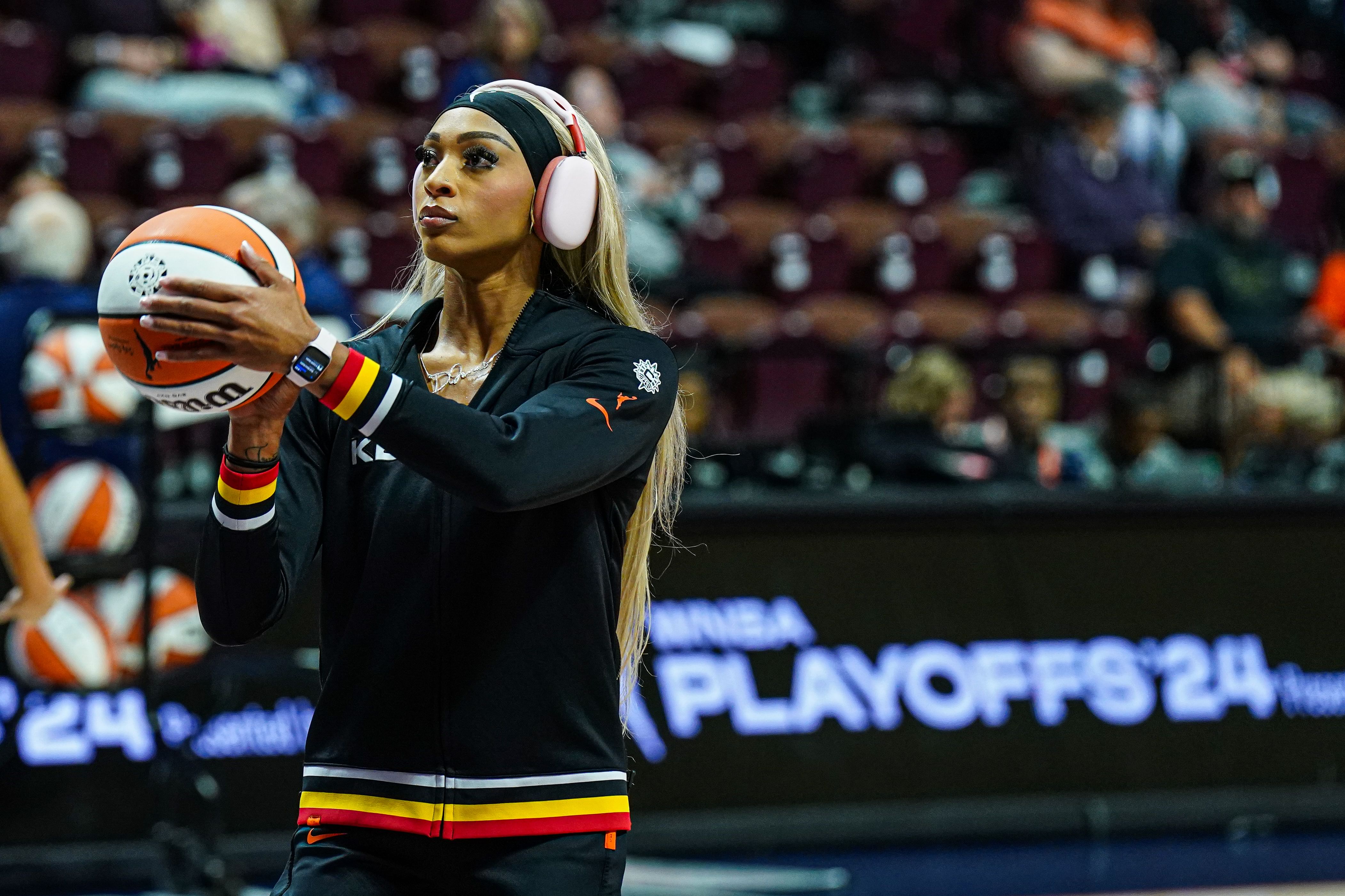 Guard DiJonai Carrington warms up before the start of a game against the Minnesota Lynx at Mohegan Sun Arena. Photo Credit: Imagn