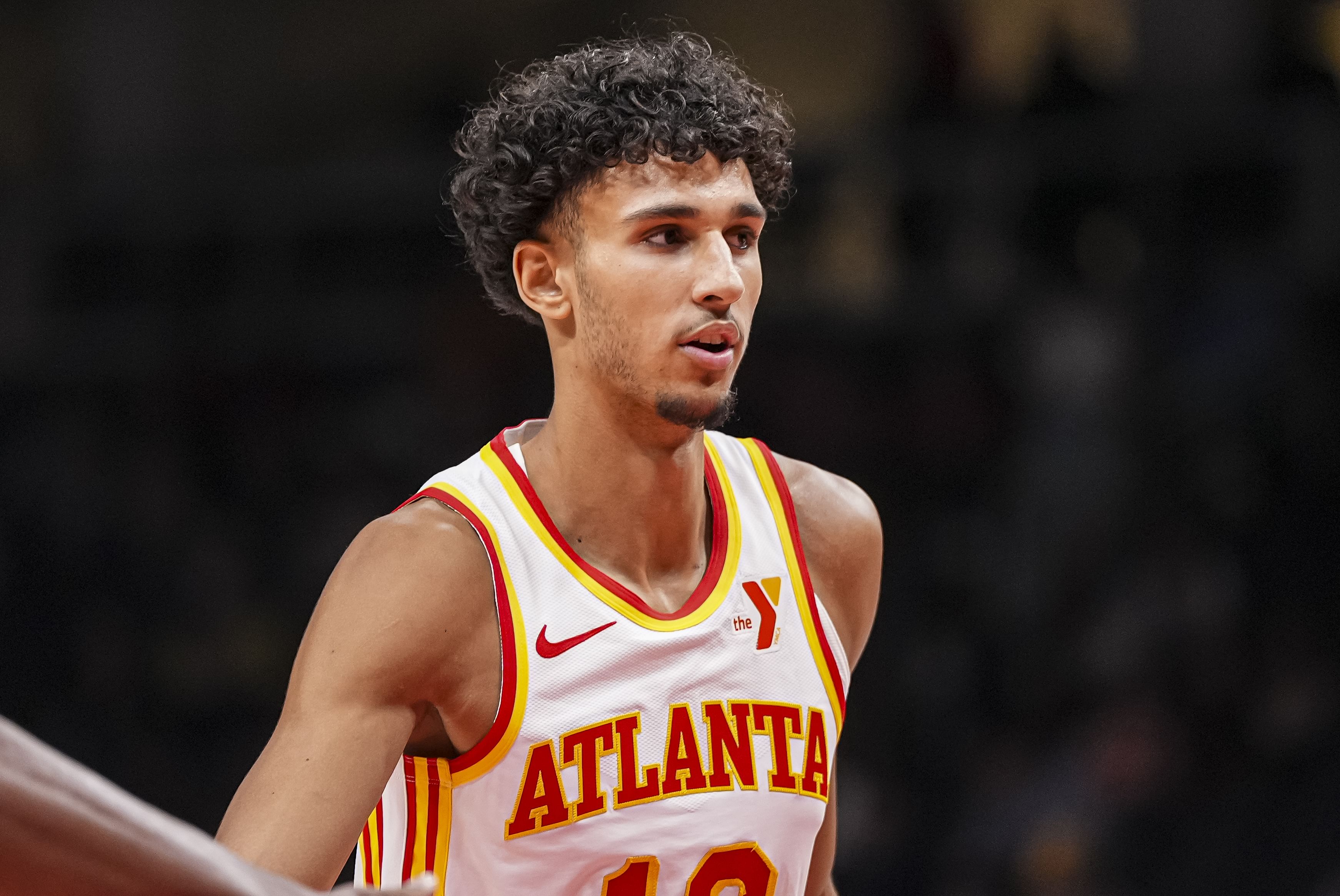 Atlanta Hawks forward Zaccharie Risacher on the court against the Indiana Pacers at State Farm Arena. Photo Credit: Imagn