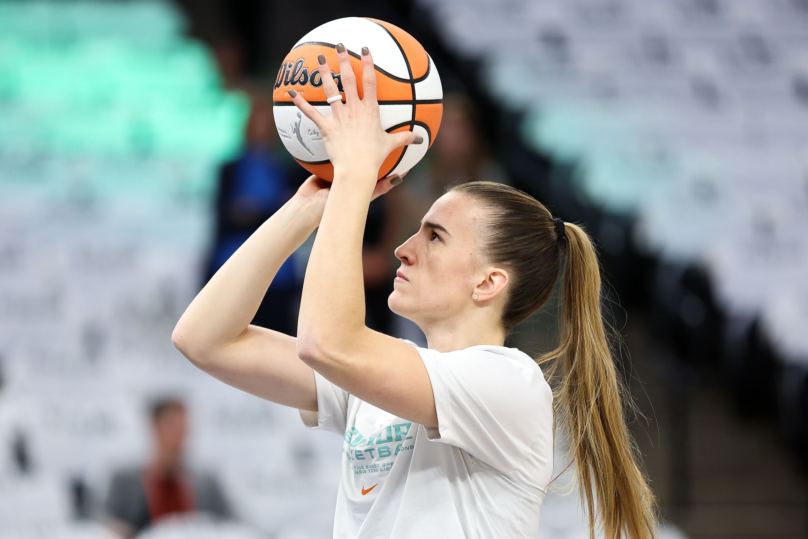 New York Liberty guard Sabrina Ionescu warms up before the 2024 WNBA Finals against the Minnesota Lynx at Target Center. Photo Credit: Imagn