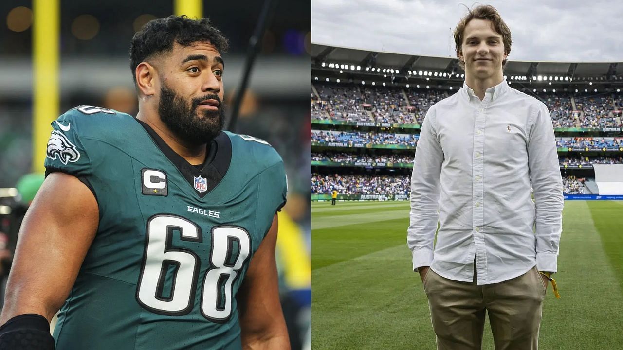 Eagles Player Jordan Mailata [L] McLaren driver Oscar Piastri [R] [Image Source: Getty]