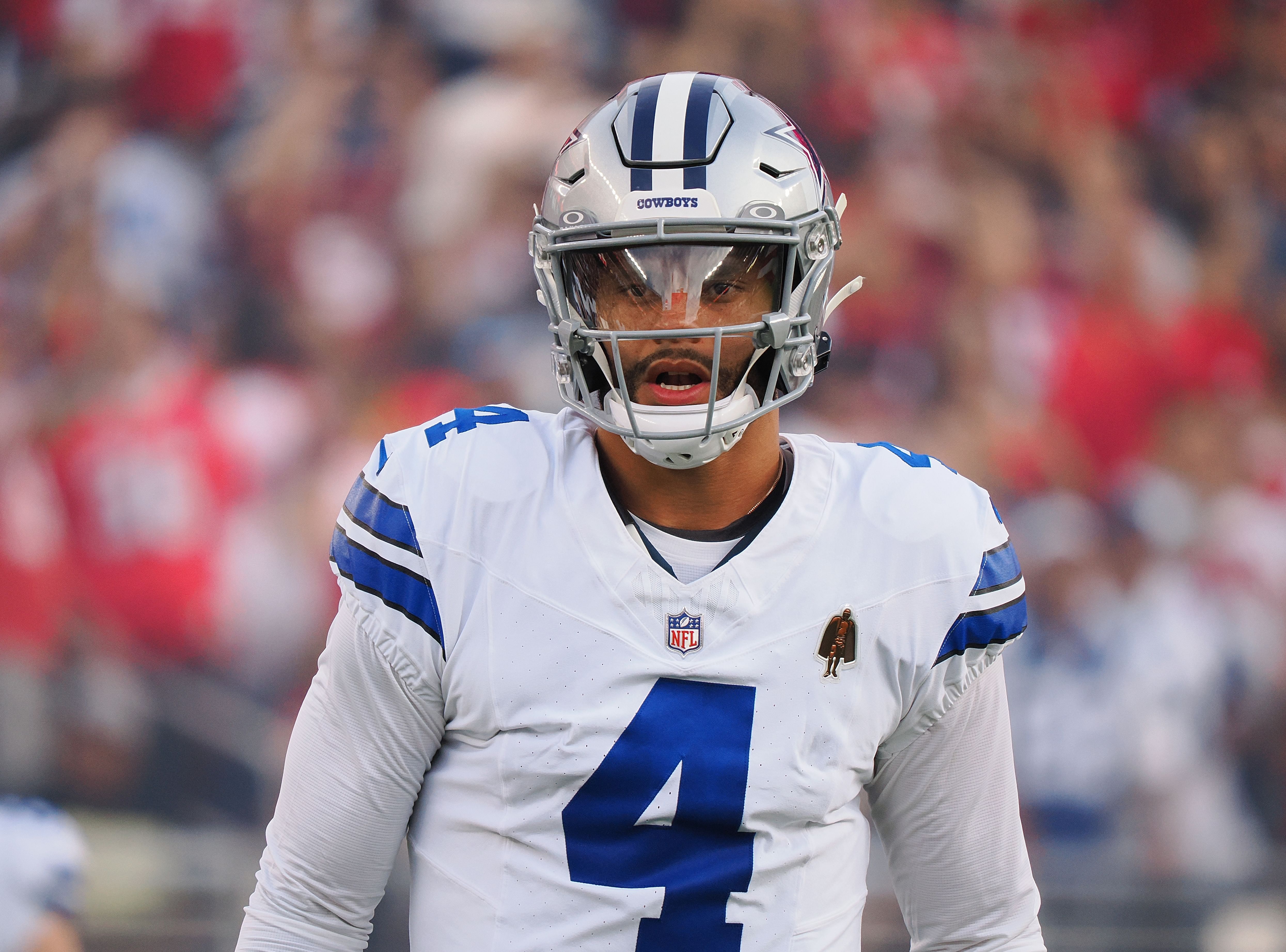 Oct 27, 2024; Santa Clara, California, USA; Dallas Cowboys quarterback Dak Prescott (4) before the game against the San Francisco 49ers at Levi