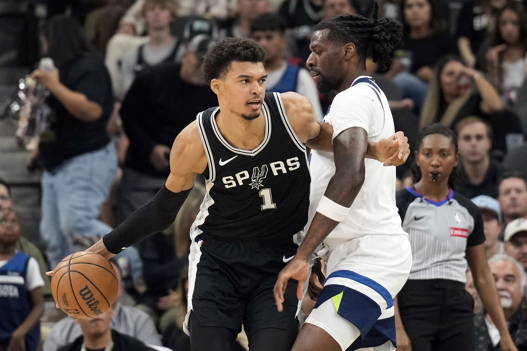 San Antonio Spurs star center Victor Wembanyama and Minnesota Timberwolves big man Naz Reid (Image Credit: Scott Wachter-Imagn Images)