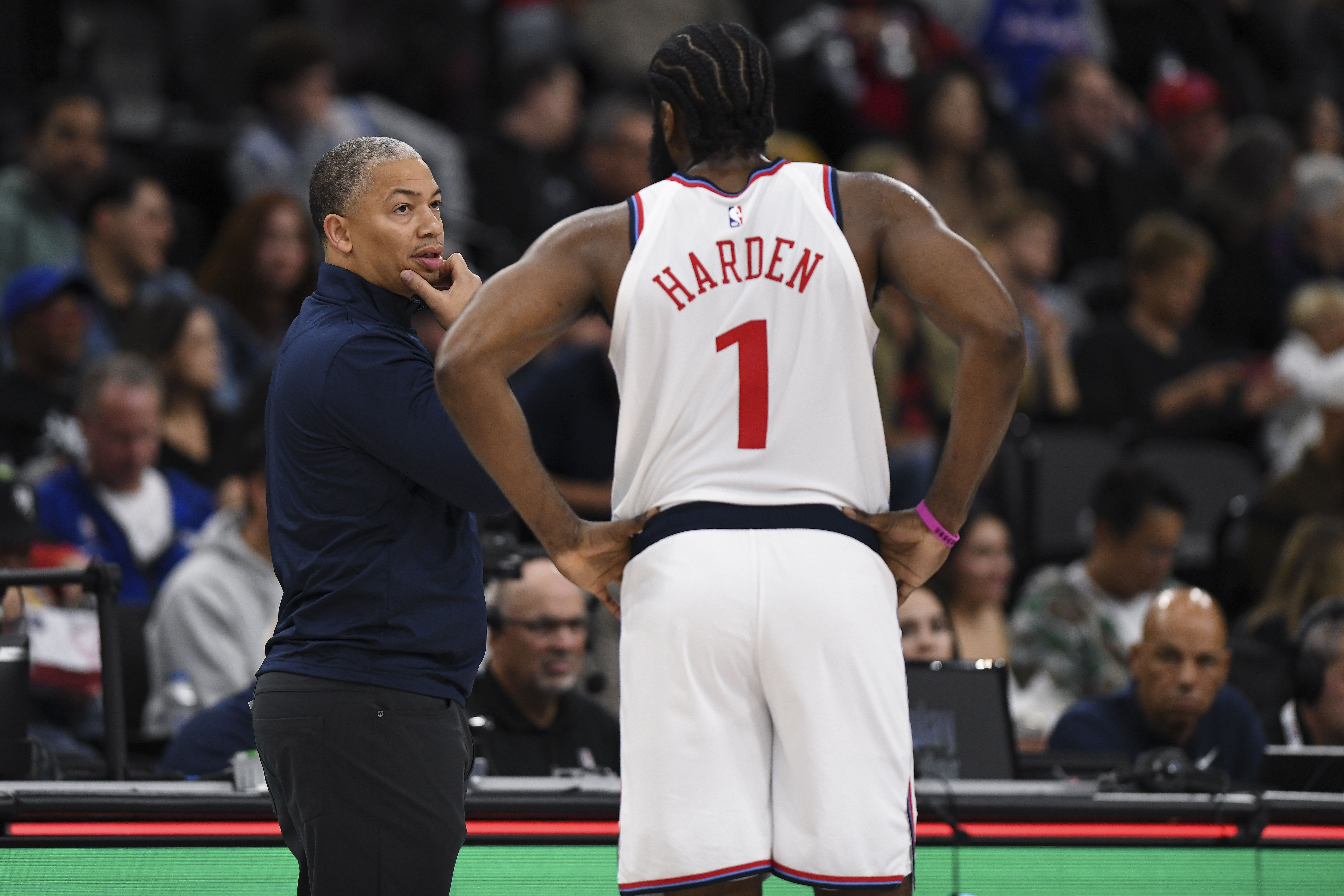 Nov 2, 2024; Inglewood, California, USA; LA Clippers head coach Tyronn Lue talks with guard James Harden (1) during the second half at Intuit Dome. Mandatory Credit: Jonathan Hui-Imagn Images - Source: Imagn