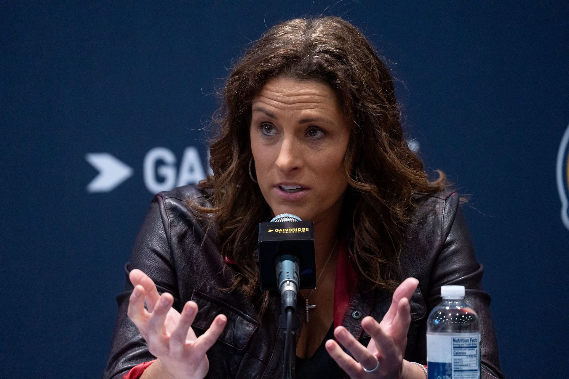 Stephanie White, new Indiana Fever head coach, speaks Monday, Nov. 4, 2024, during a press conference held on Salesforce Court at Gainbridge Fieldhouse in Indianapolis. - Source: Imagn
