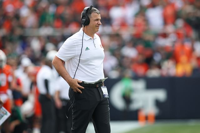 Nov 9, 2024; Atlanta, Georgia, USA; Miami Hurricanes head coach Mario Cristobal on the sideline against the Georgia Tech Yellow Jackets in the second quarter at Bobby Dodd Stadium at Hyundai Field. Mandatory Credit: Brett Davis-Imagn Images - Source: Imagn