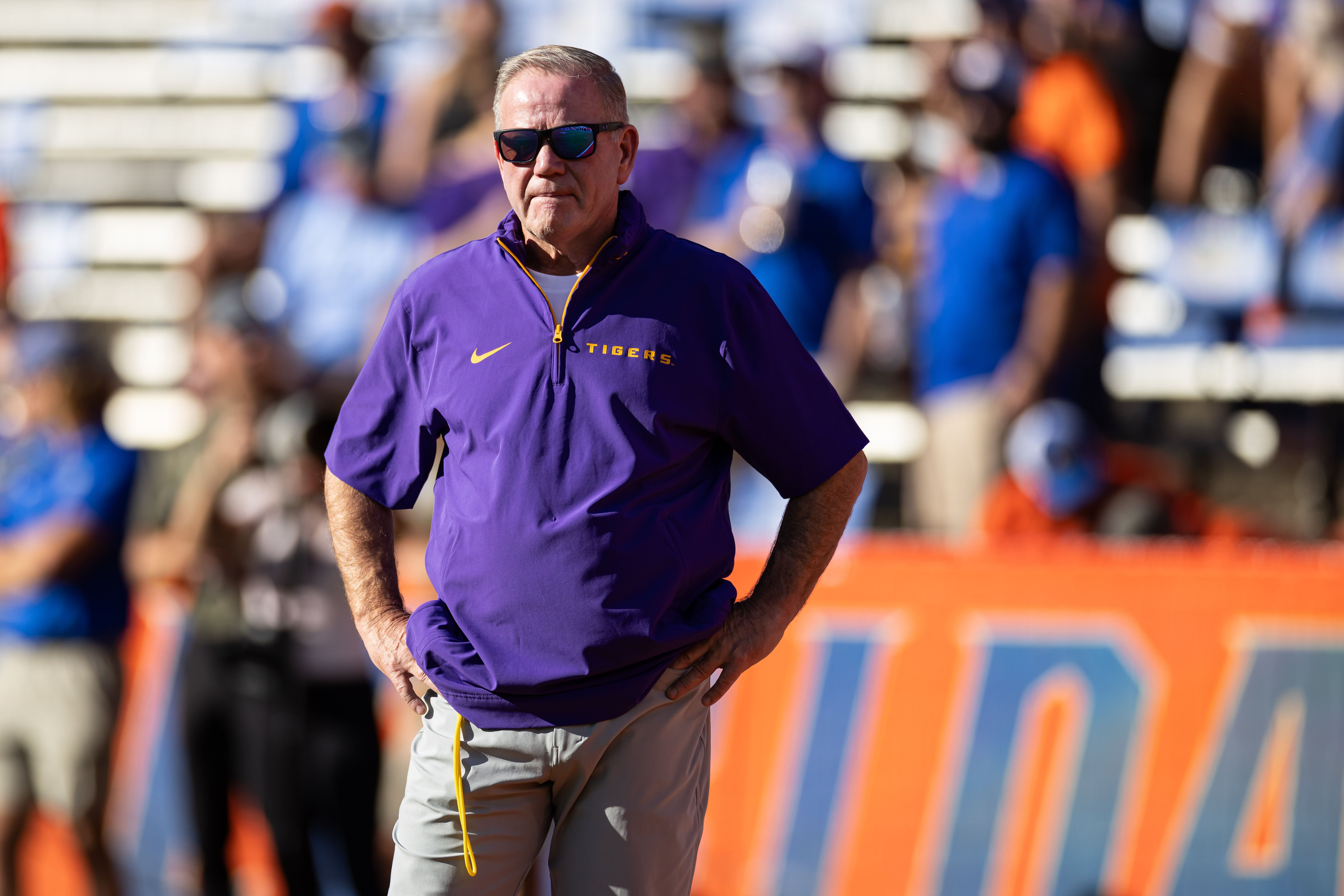 Nov 16, 2024; Gainesville, Florida, USA; LSU Tigers head coach Brian Kelly looks on before a game against the Florida Gators at Ben Hill Griffin Stadium. Mandatory Credit: Matt Pendleton-Imagn Images - Source: Imagn