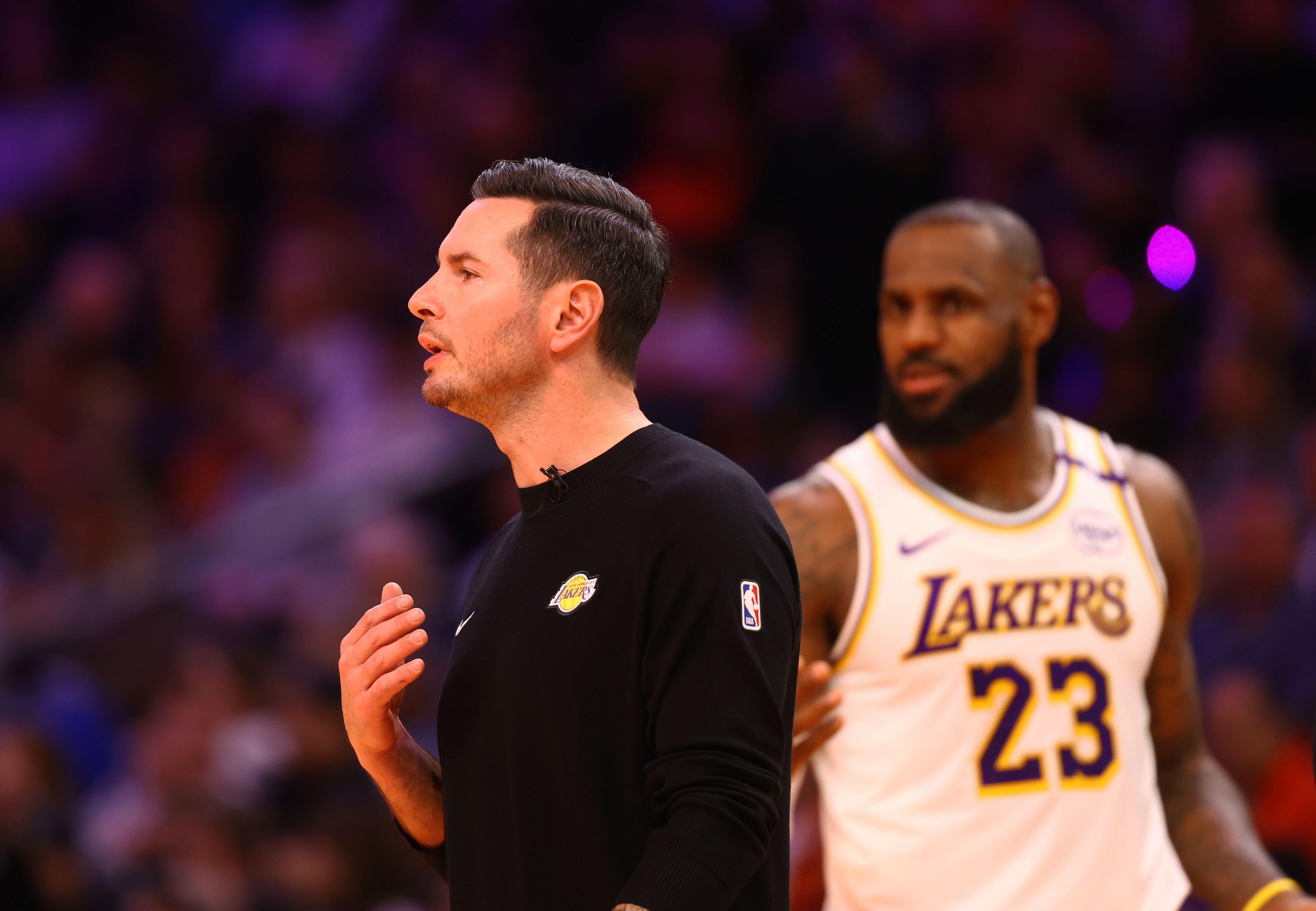 os Angeles Lakers head coach JJ Redick and forward LeBron James against the Phoenix Suns during an NBA Cup game at Footprint Center. Photo Credit: Imagn