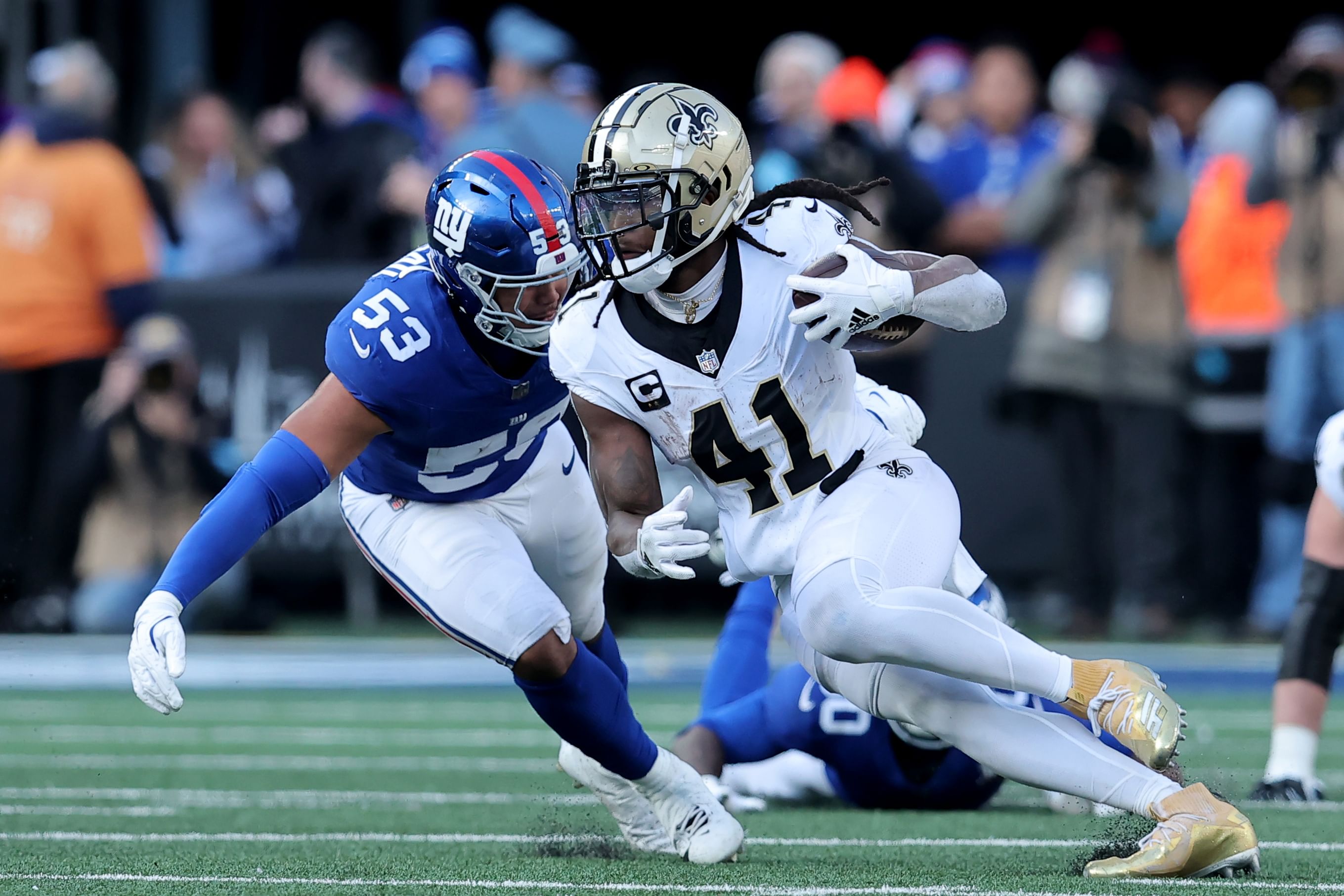 Alvin Kamara at New Orleans Saints at New York Giants - Source: Imagn