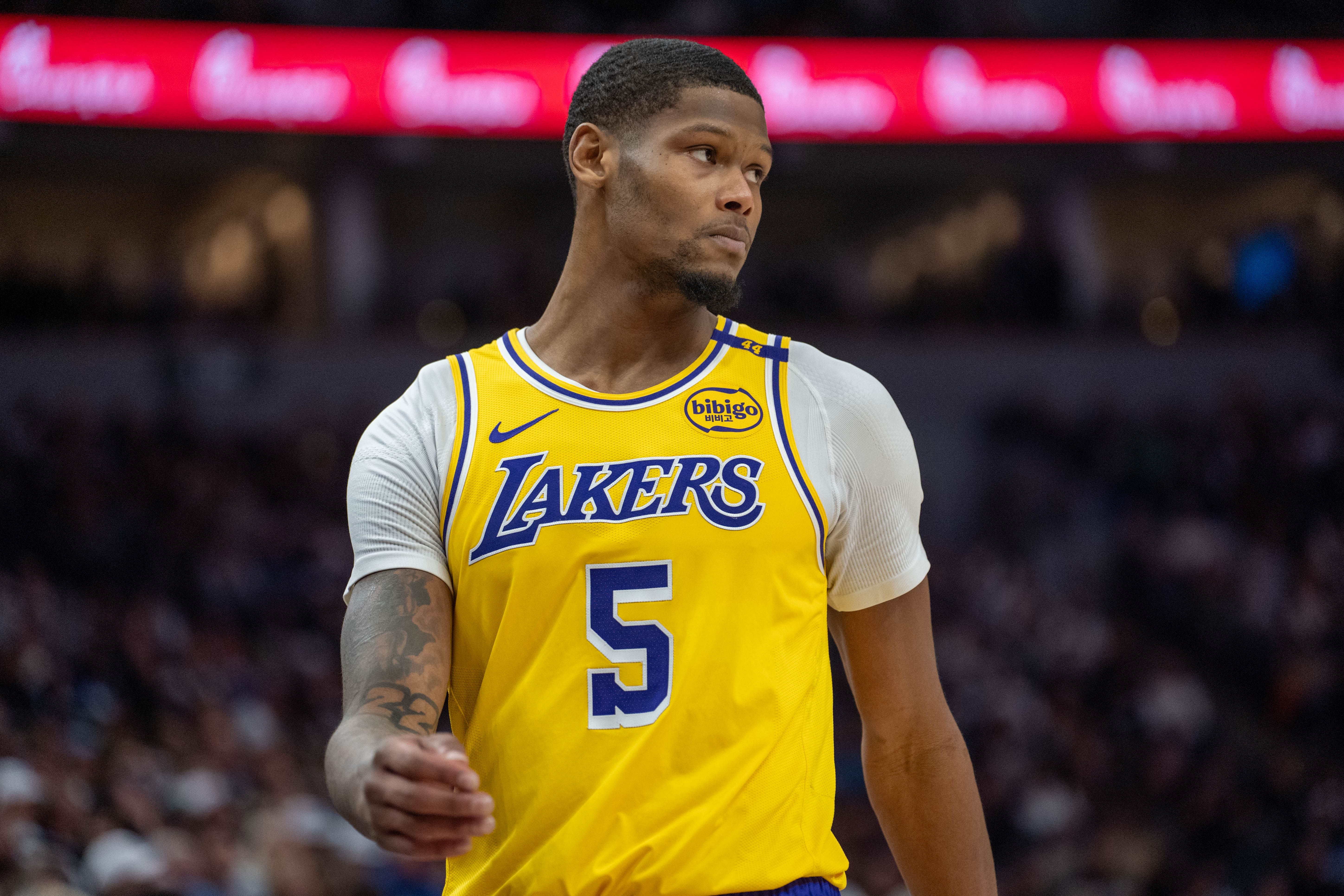 LA Lakers forward Cam Reddish enters the court against the Minnesota Timberwolves at Target Center. Photo Credit: Imagn