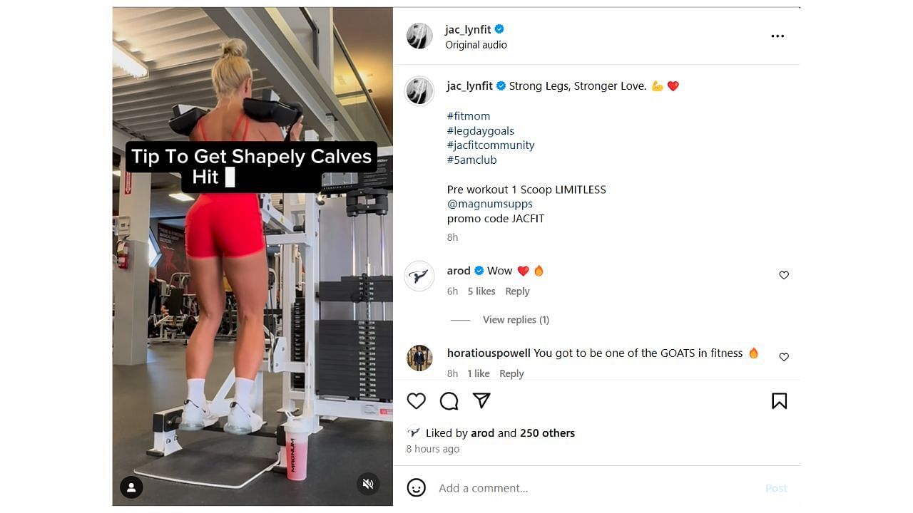 Screenshot of Alex Rodriguez&#039;s comment on Jaclyn Cordeiro&#039;s Instagram post (Image from - Instagram.com/@jac_lynfit)