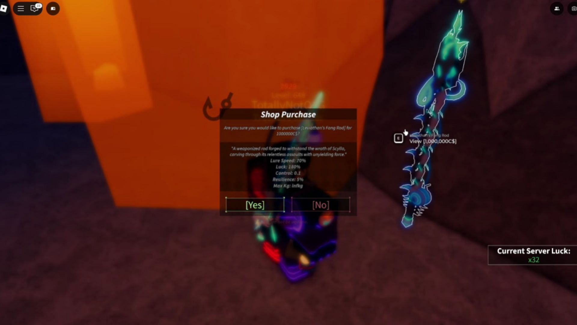 The Leviathan&#039;s Fang Rod (Image via Roblox || YouTube/@Only1Gam3r)